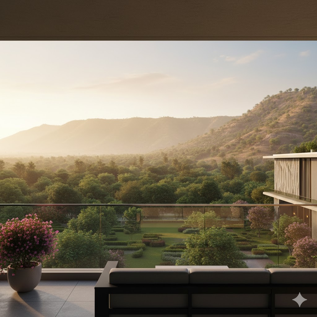 Patio balcony view of the Aravalli hills from apartments in Gurgaon project.