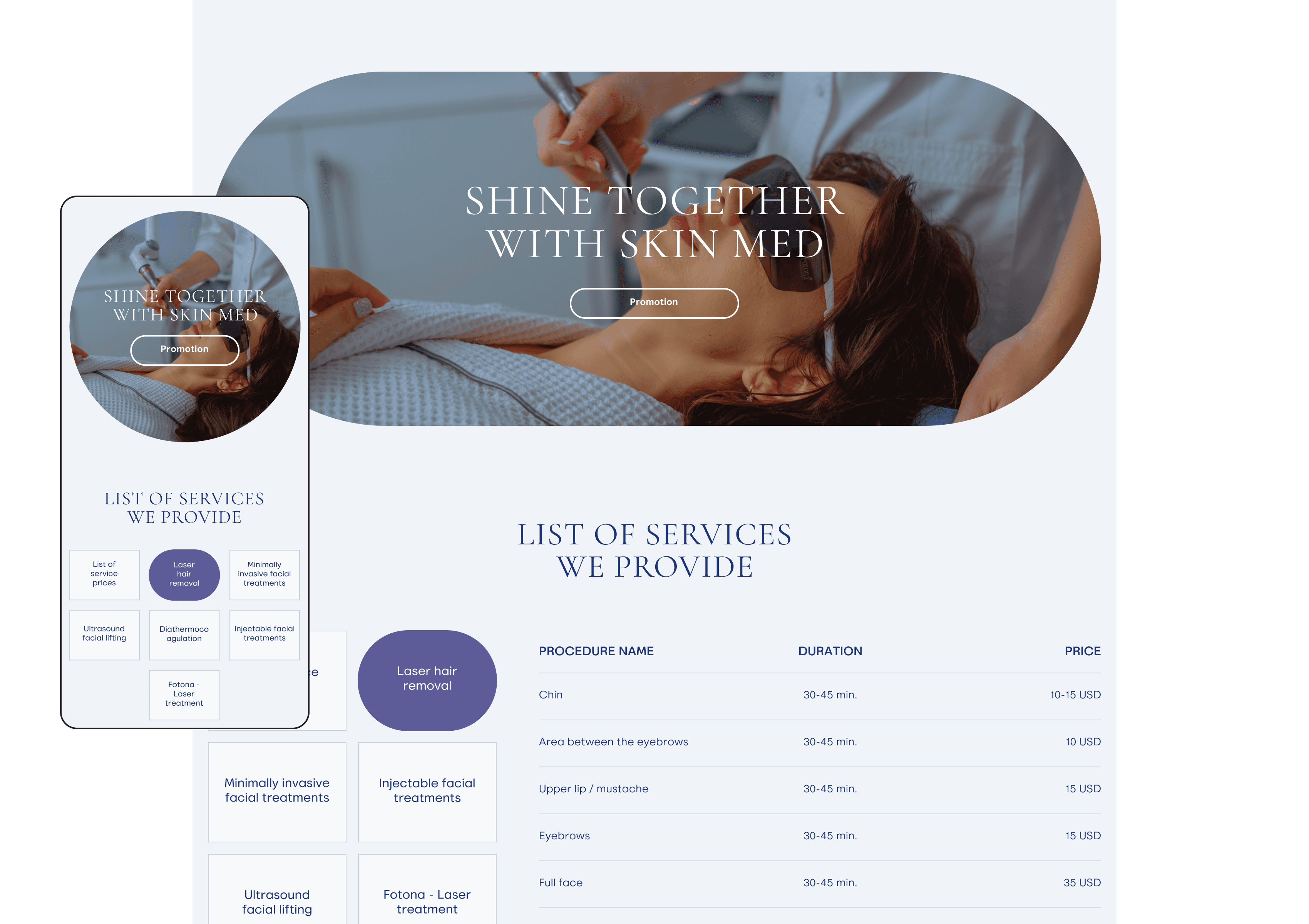 SkinMed promotional block — “Shine Together with SkinMed” banner and transparent price list of laser and facial treatments