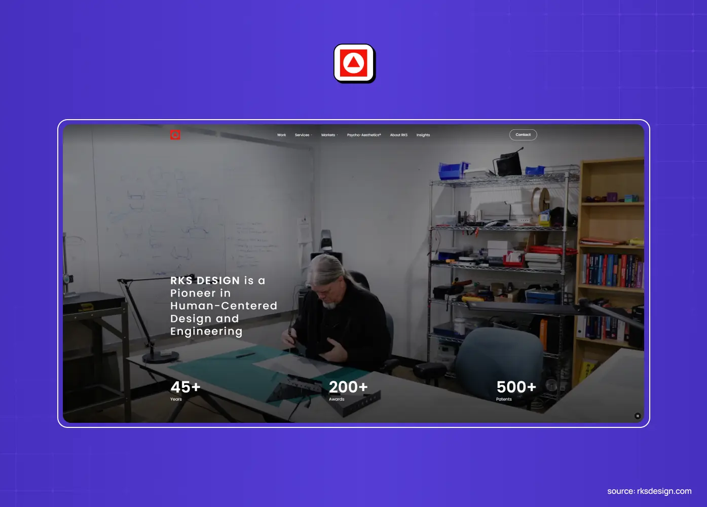 RKS Design website showcasing human-centered design and engineering, featuring a designer working in a studio environment.