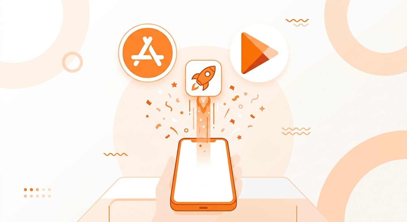 Illustration of a mobile app launching from a smartphone toward app store icons with celebration confetti