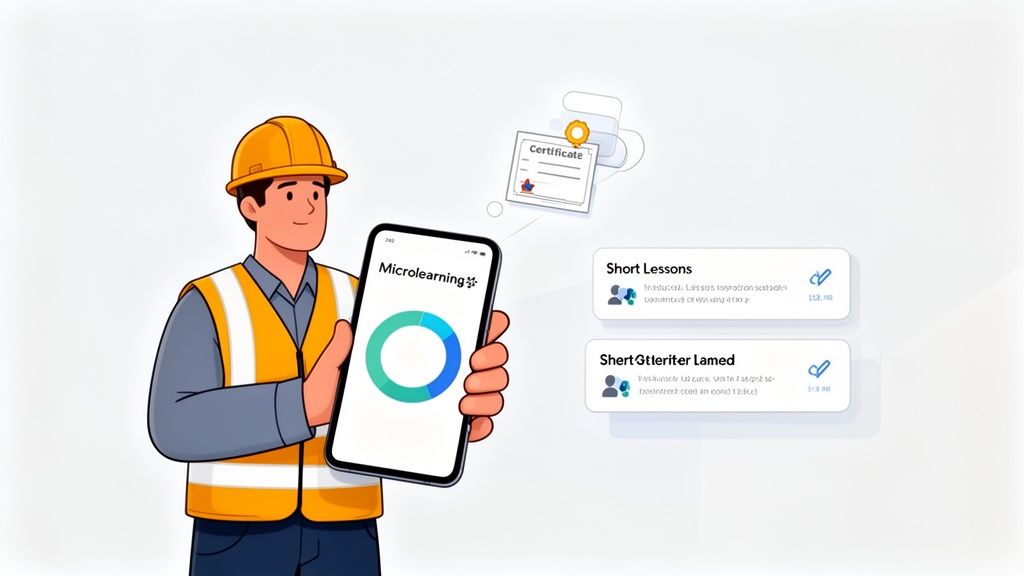A construction worker uses a microlearning app on a smartphone with short lessons and a certificate.