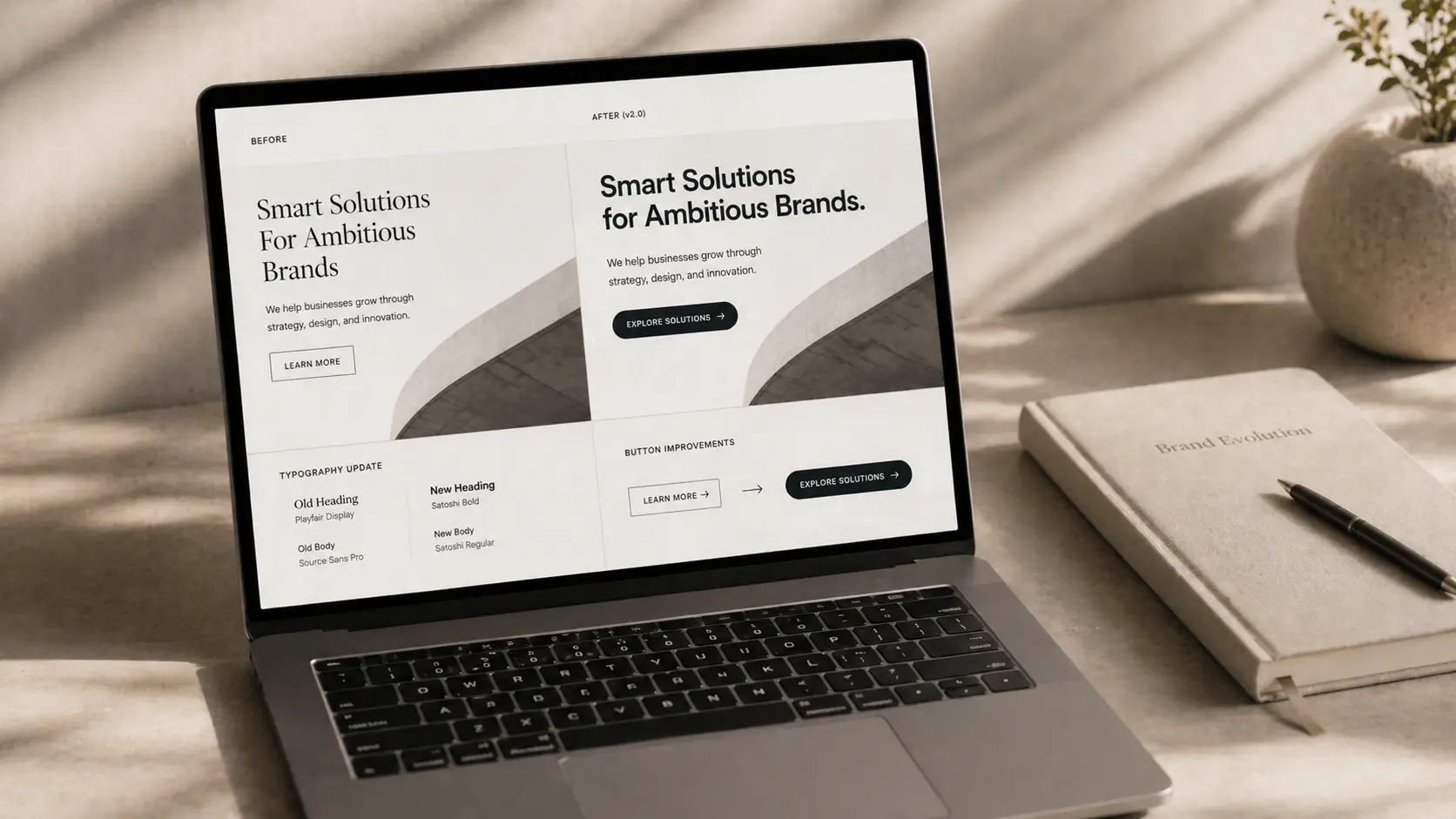 A close-up laptop mockup showing the detailed design improvements of a website redesign project on a minimalist workspace.