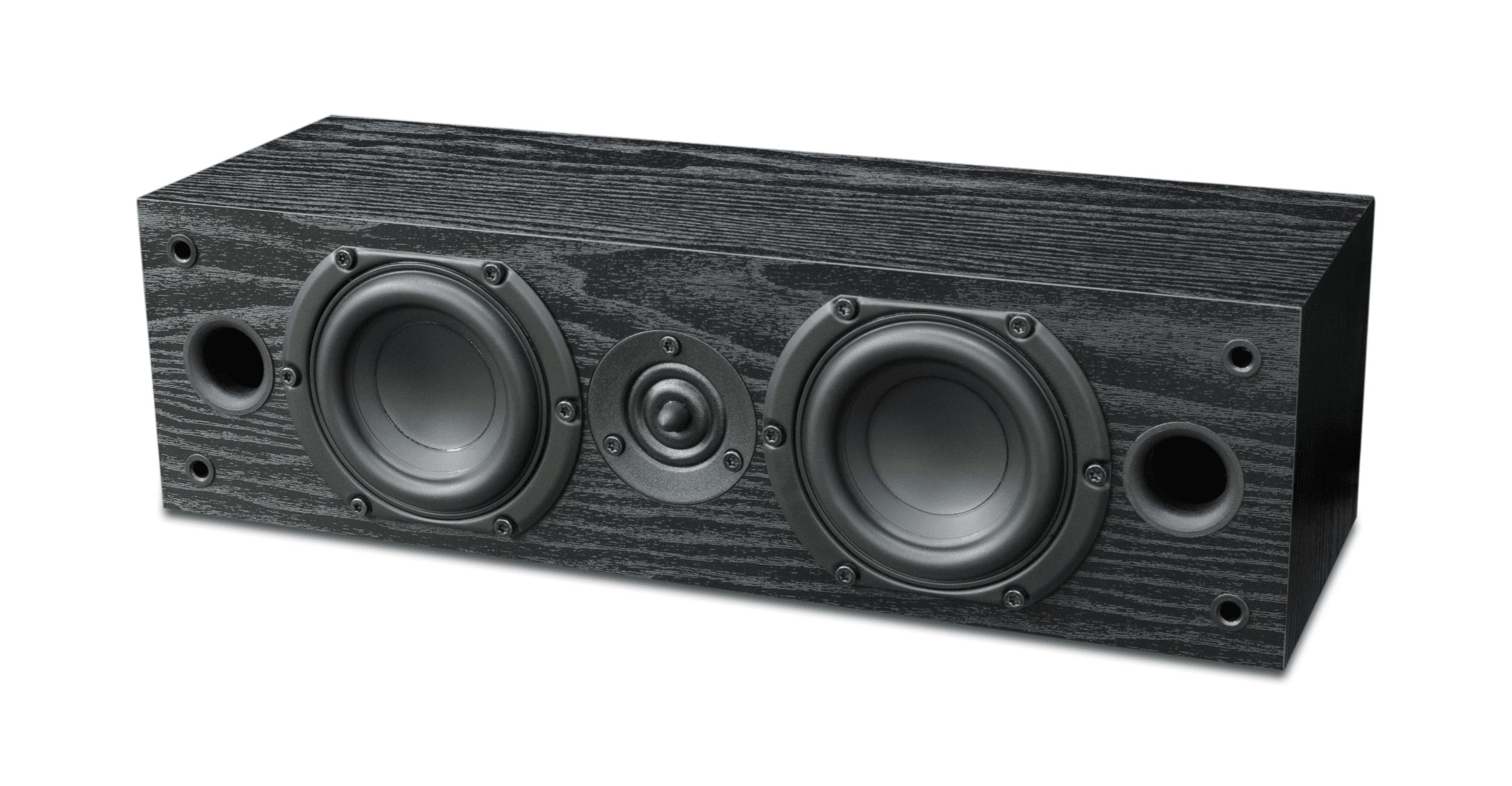 Black speaker with two woofers and a tweeter