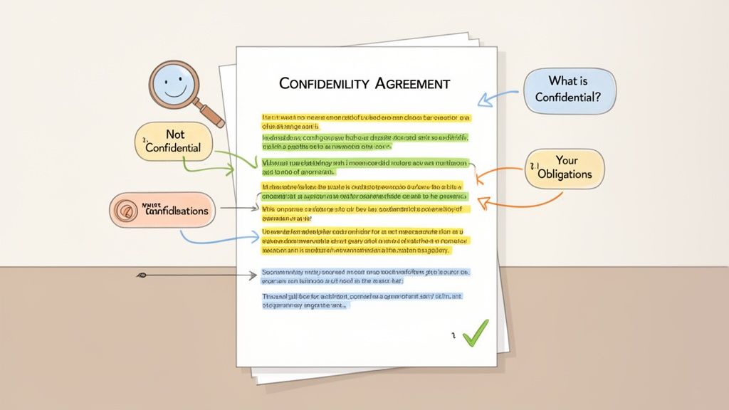 An illustrated confidentiality agreement document with highlighted sections, explaining confidential information and obligations.