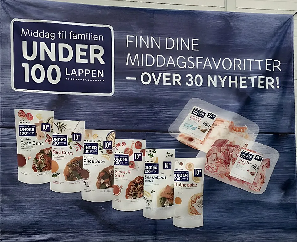 Banner med matreklame: Middag til familien under 100-lappen, finn dine middagsfavoritter, over 30 nyheter