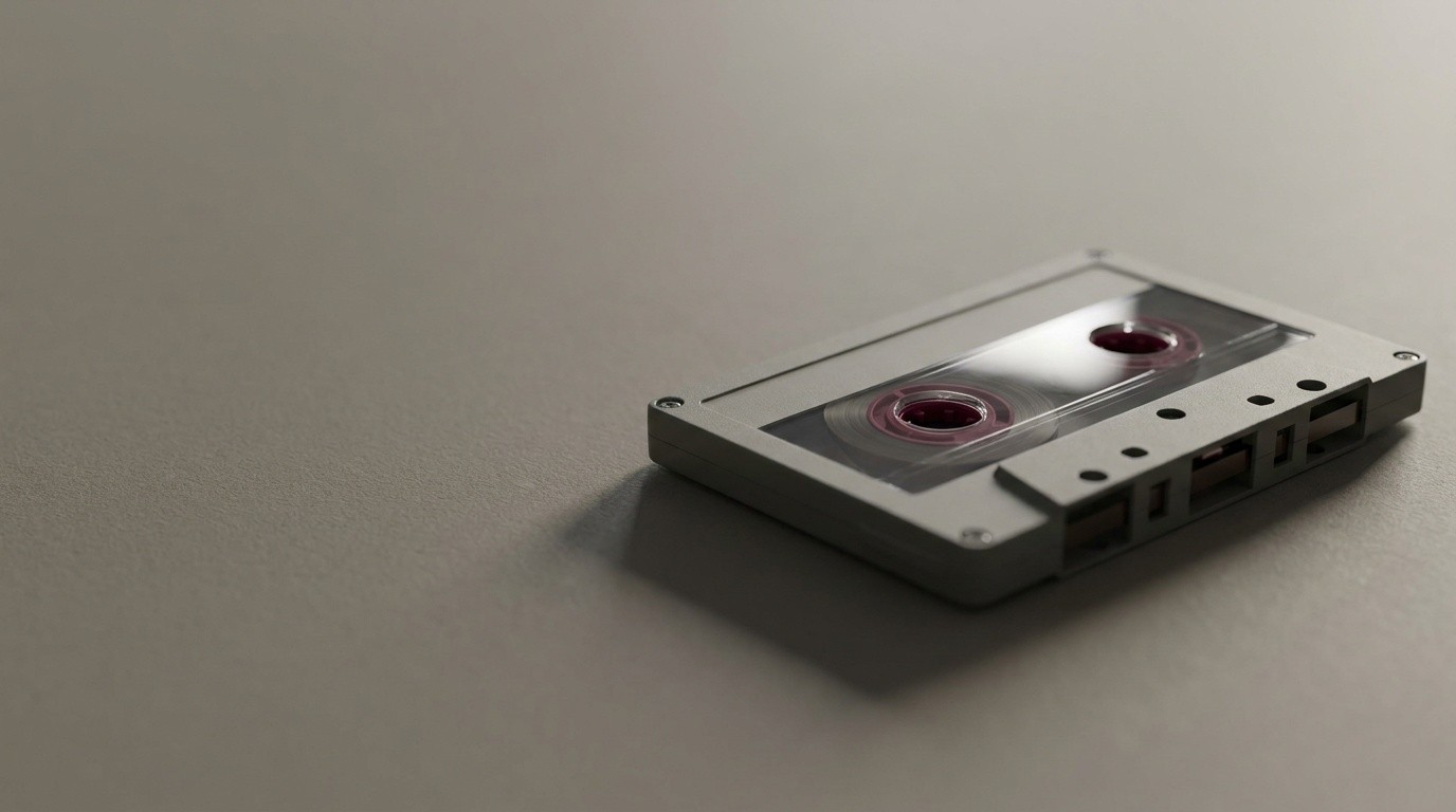 A blank-labelled cassette tape with wine-colored reels, evoking the pre-recorded message left by a voicemail drop campaign