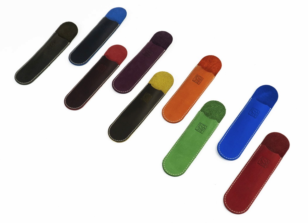 A flat lay arrangement of single pen sleeves in multiple colors like blue, purple, green, and orange.