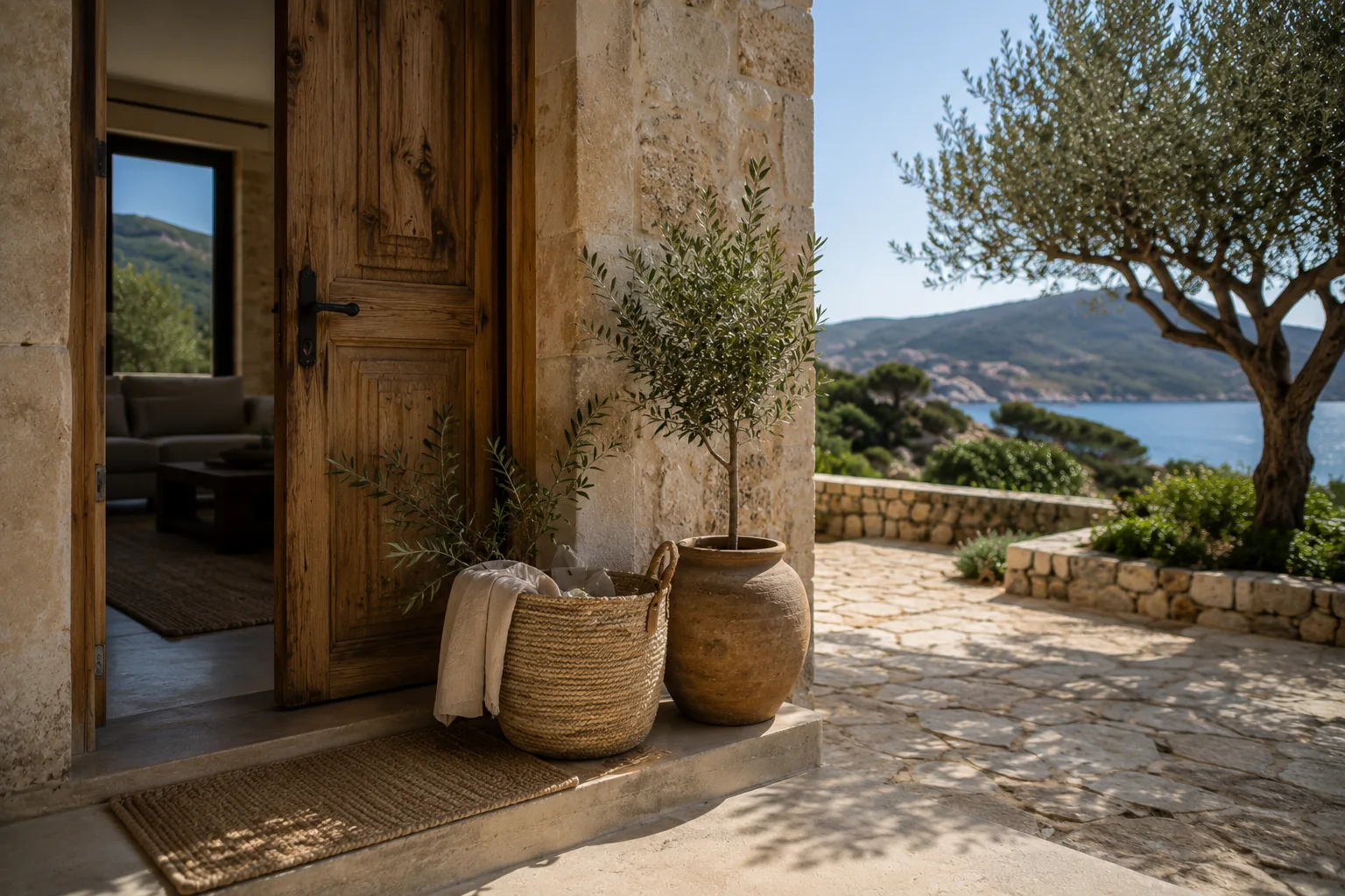 Entrée d’une maison en pierre ouverte sur une terrasse avec un olivier