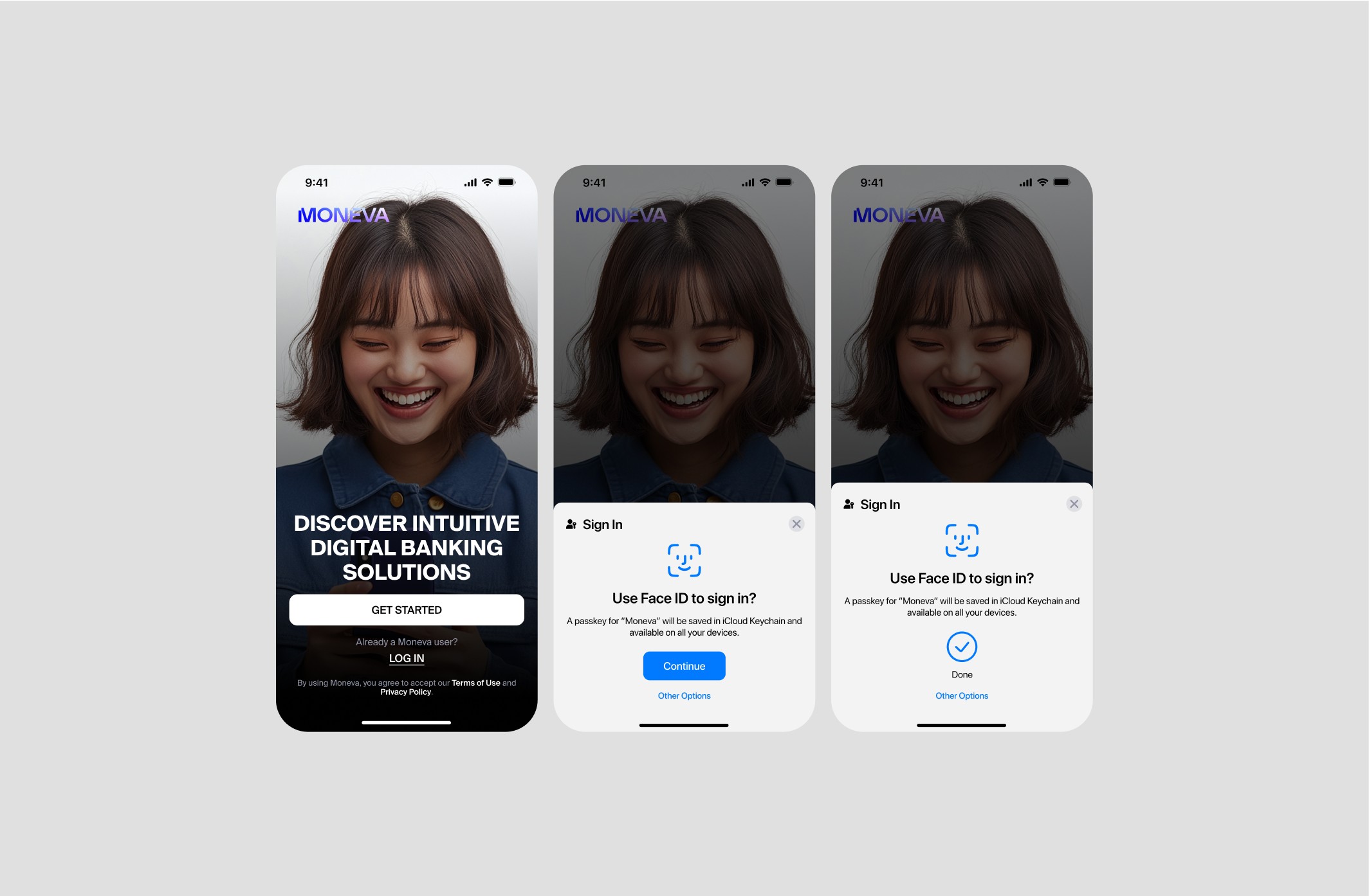 Moneva passkey screens