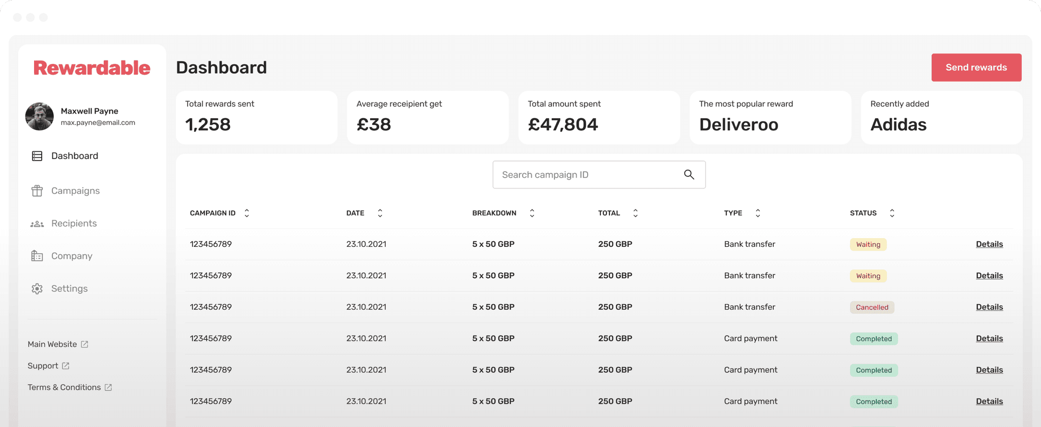 Rewardable’s user interface for platform dashboard.