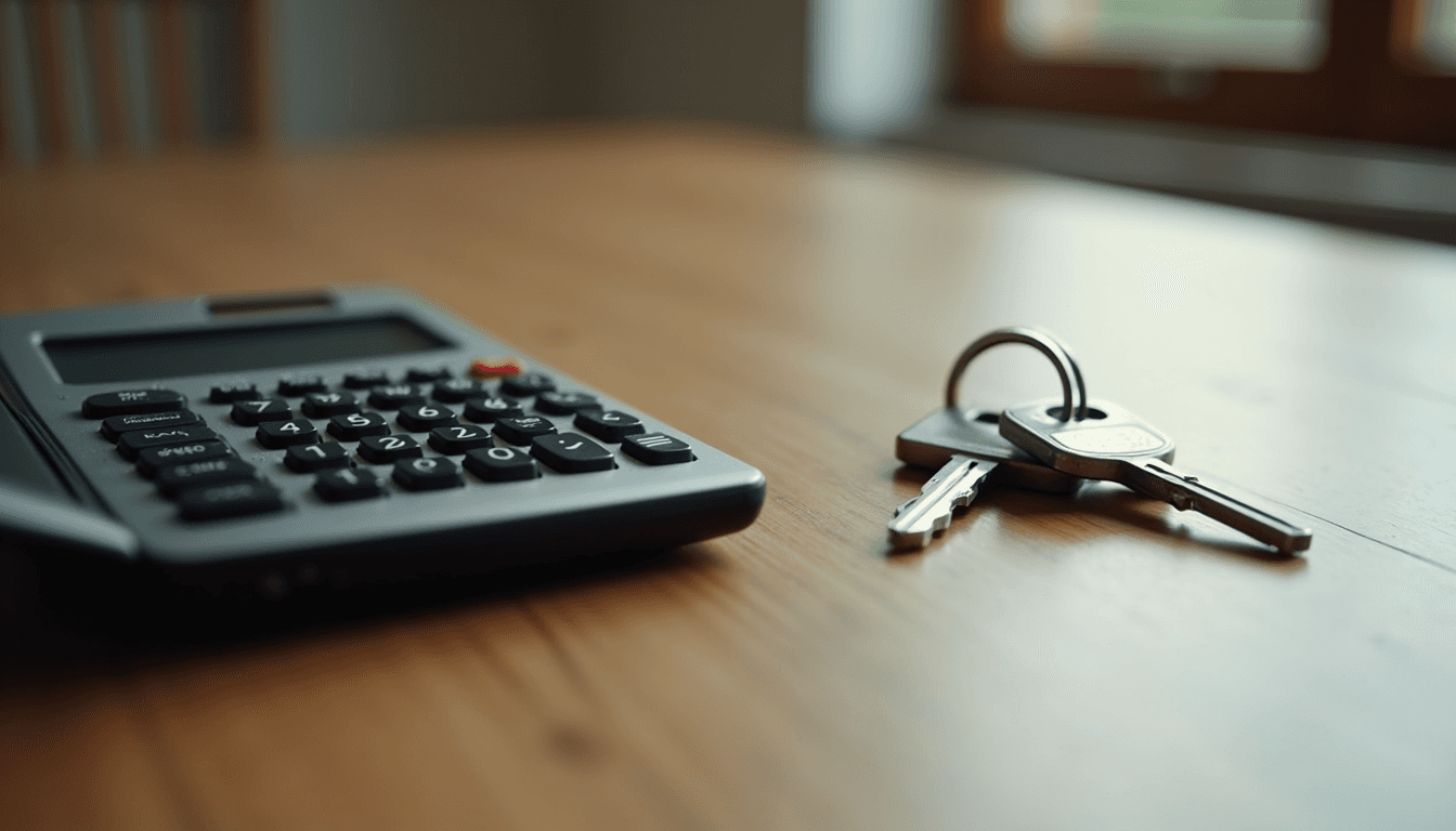 Close-up view of a calculator and house keys on a wooden table