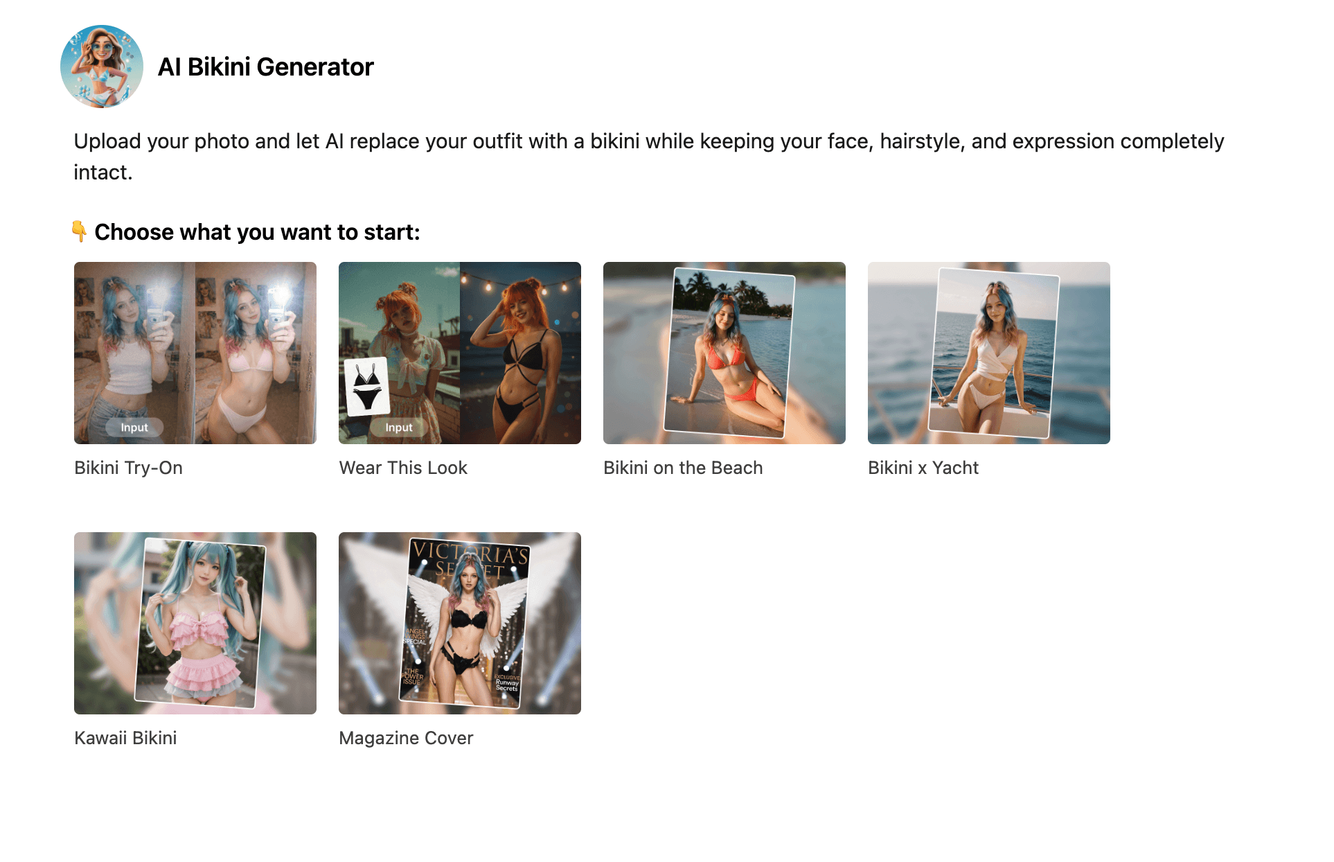 Alici AI Bikini Generator interface — 6 preset modes
