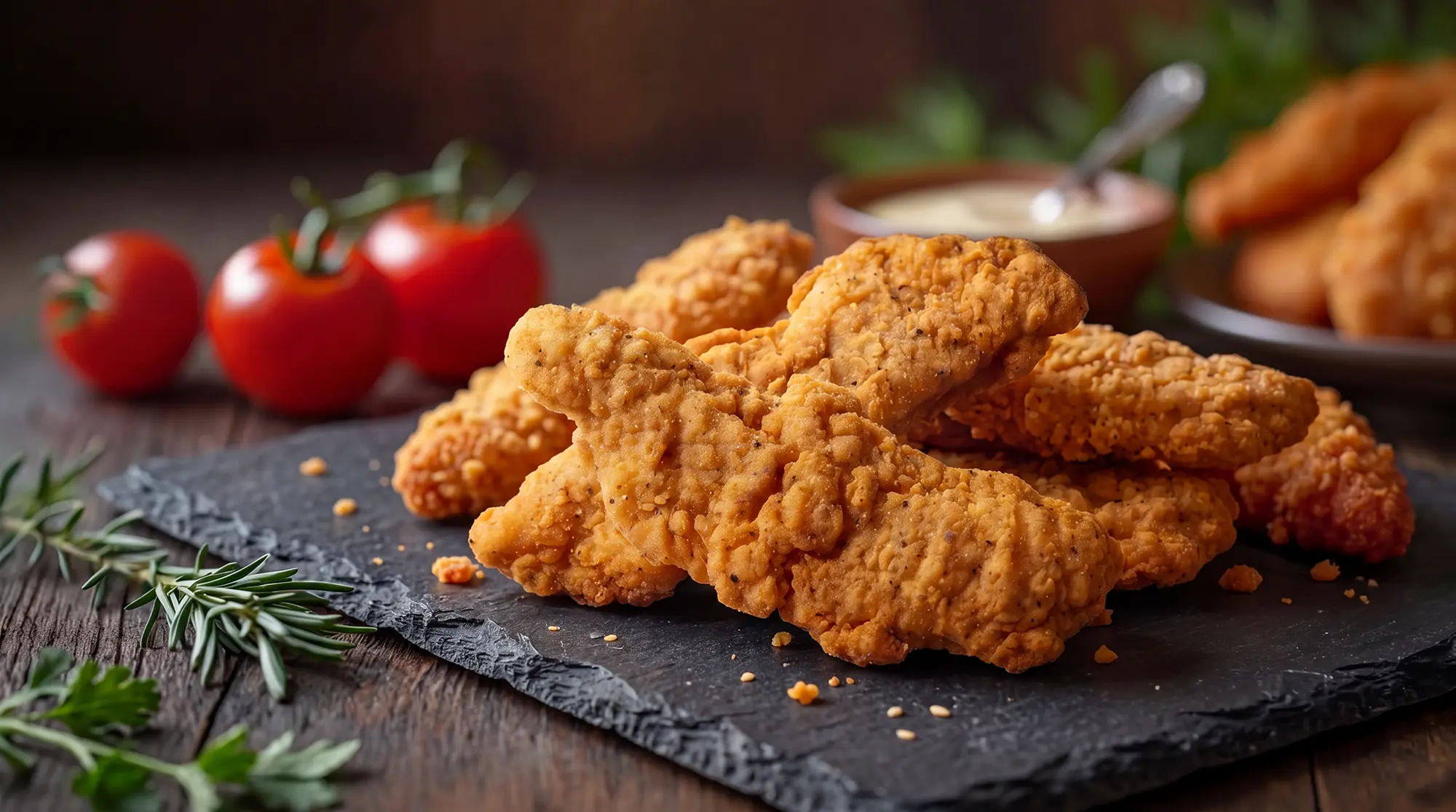 Golden breaded chicken tenders on a slate serving board with tomatoes, herbs, and dipping sauce.