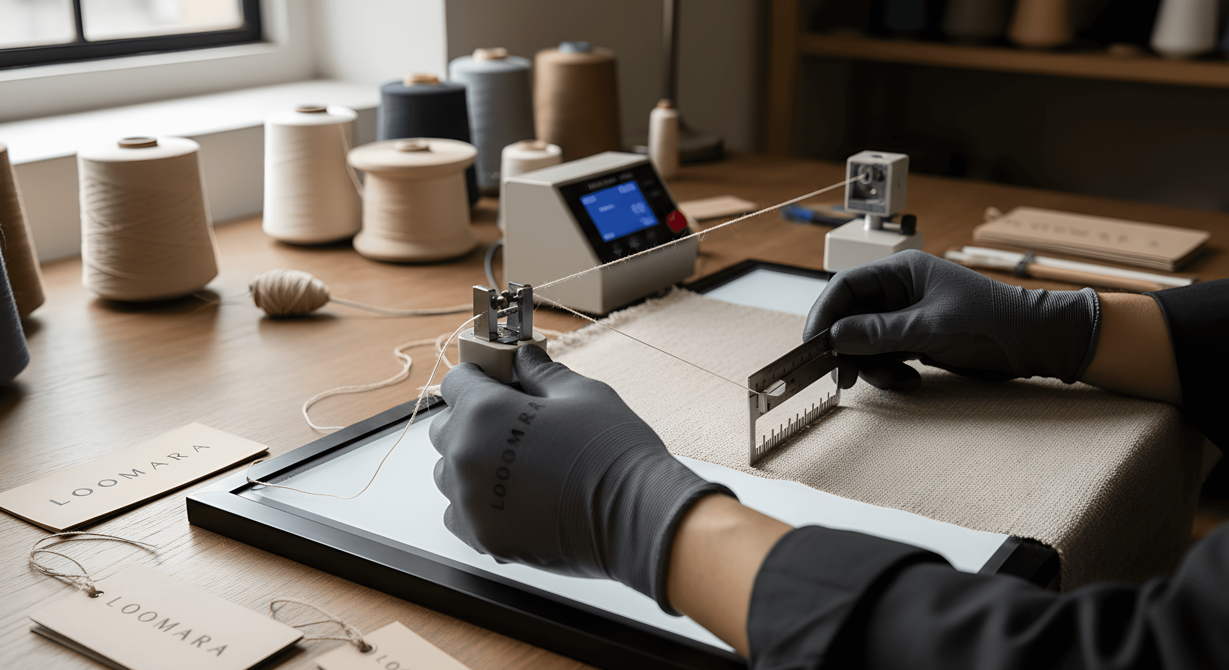Hands precisely measuring Loomara textile for perfection, underscoring commitment to manufacturing accuracy