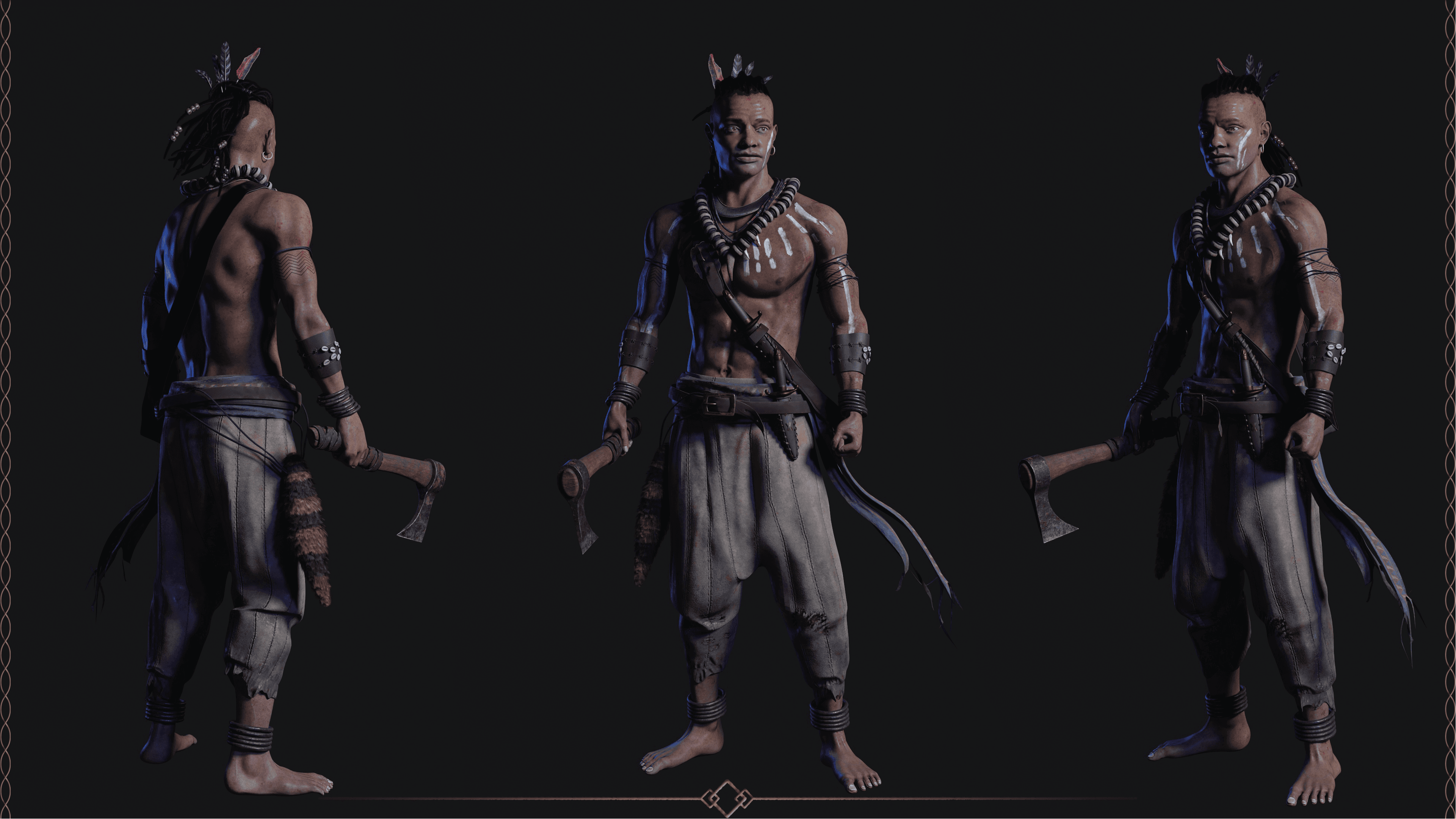 Character Design – karta postaci (turnaround) prezentująca model 3D wojownika z różnych perspektyw.