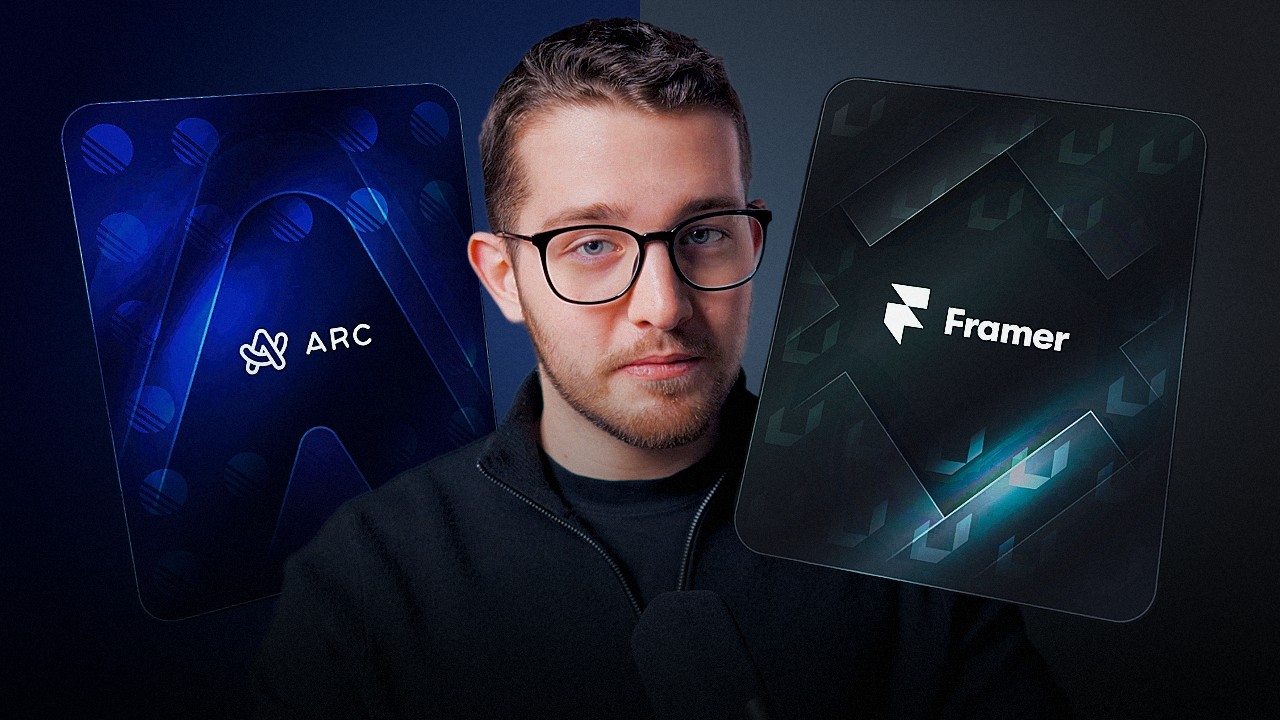 Man in glasses between animated ARC and Framer brand graphics