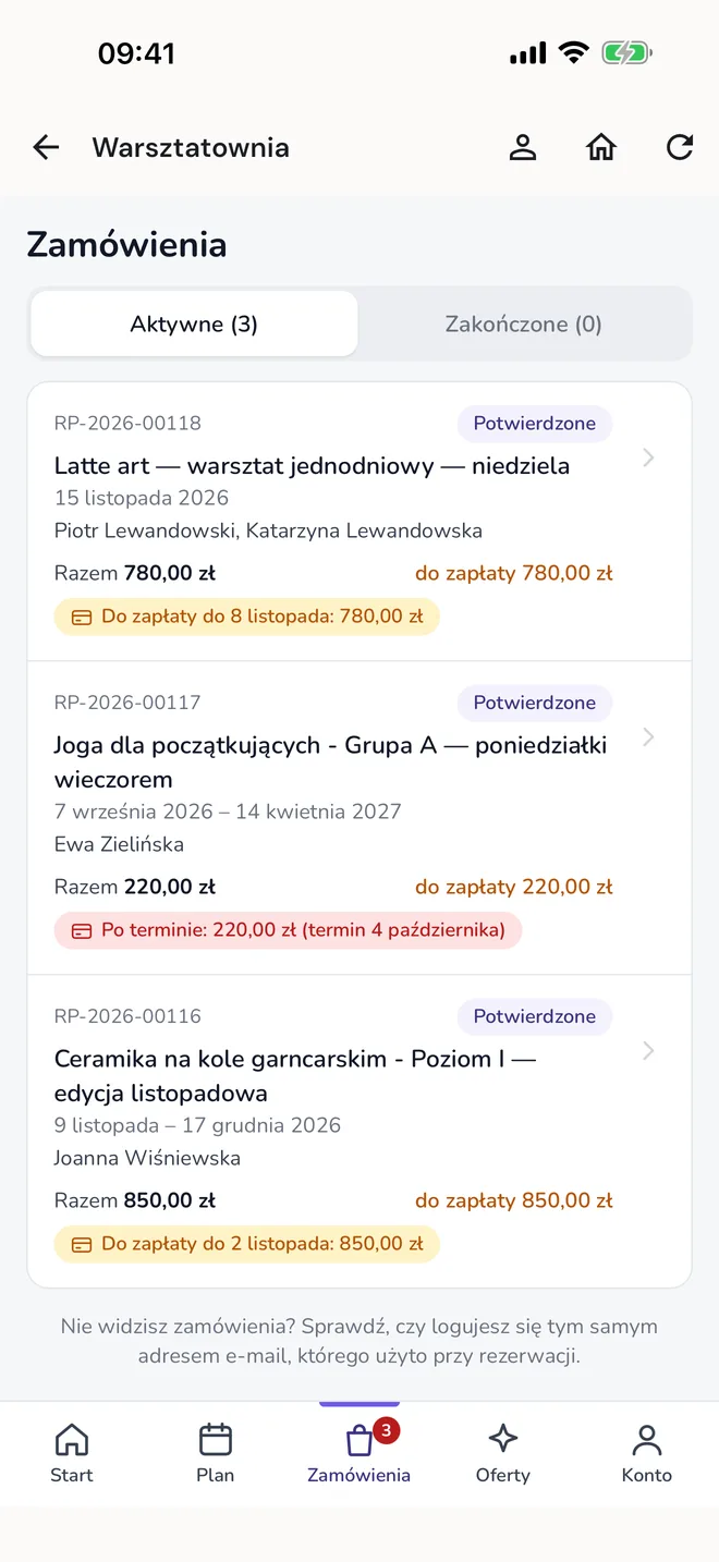 Aplikacja ReservePro: lista zamówień z kwotami do zapłaty i terminami
