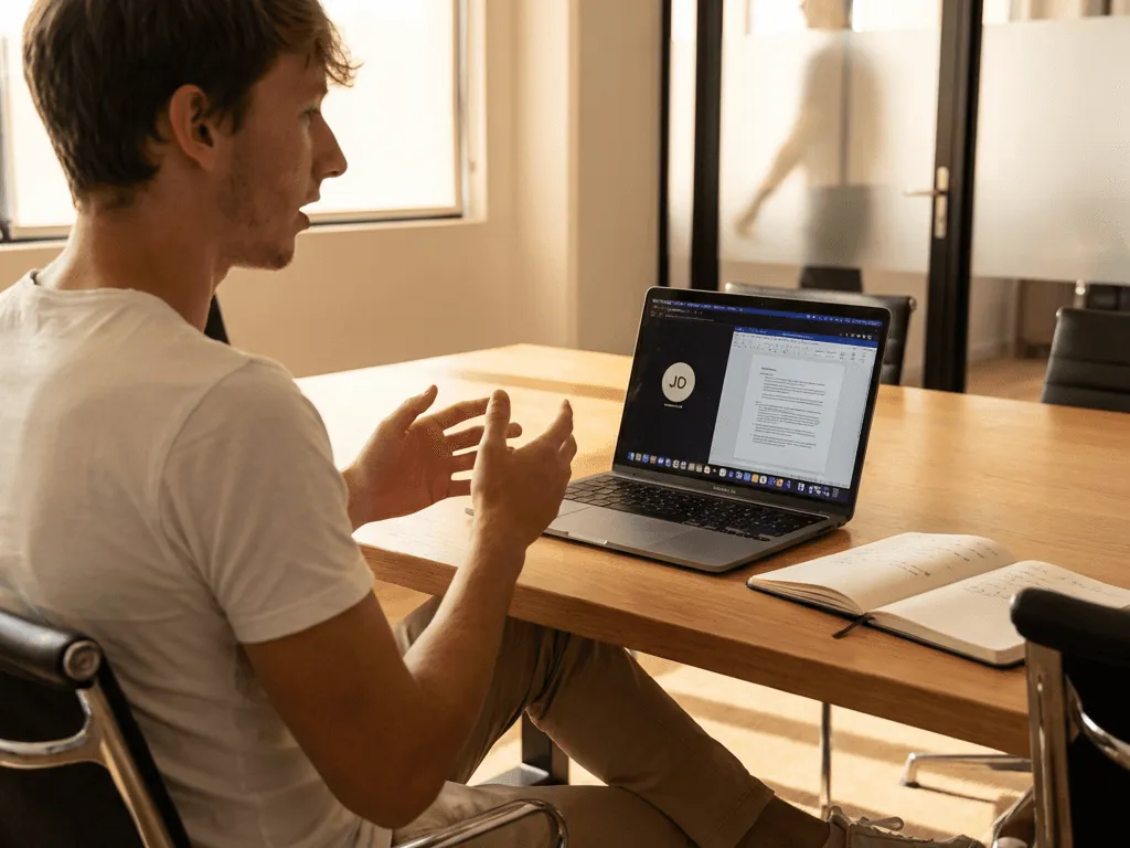 A person sitting in the office on a virtual meeting, mid-explaining.