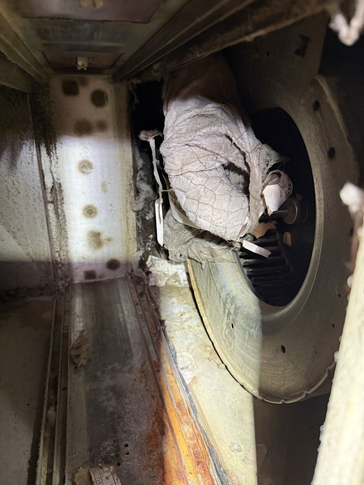 An old air filter pulled into the blower wheel of a 33-year-old furnace, rust along the cabinet floor.