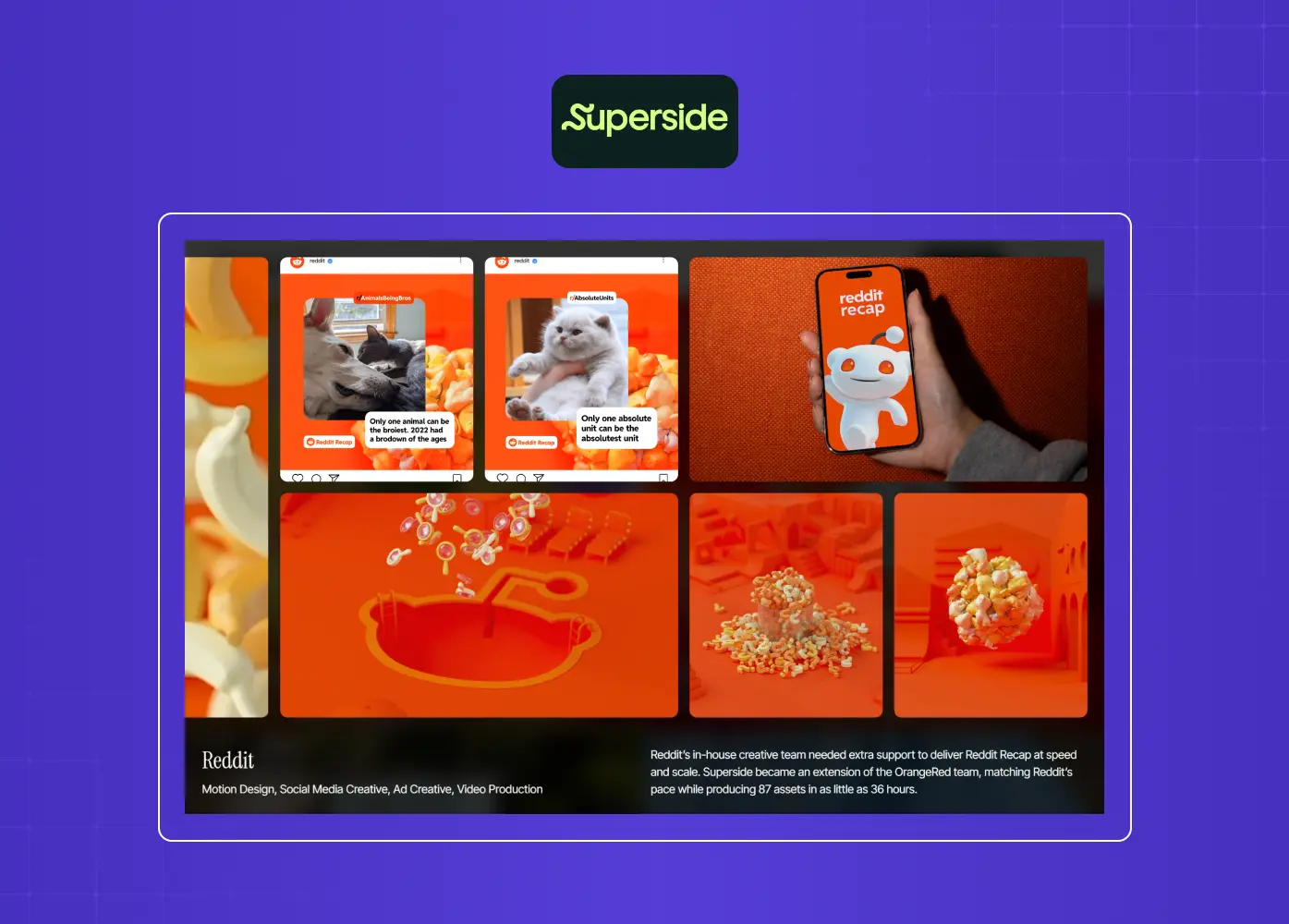 Portfolio showcase featuring social media creatives, motion design assets, and branded visual content created for Reddit.