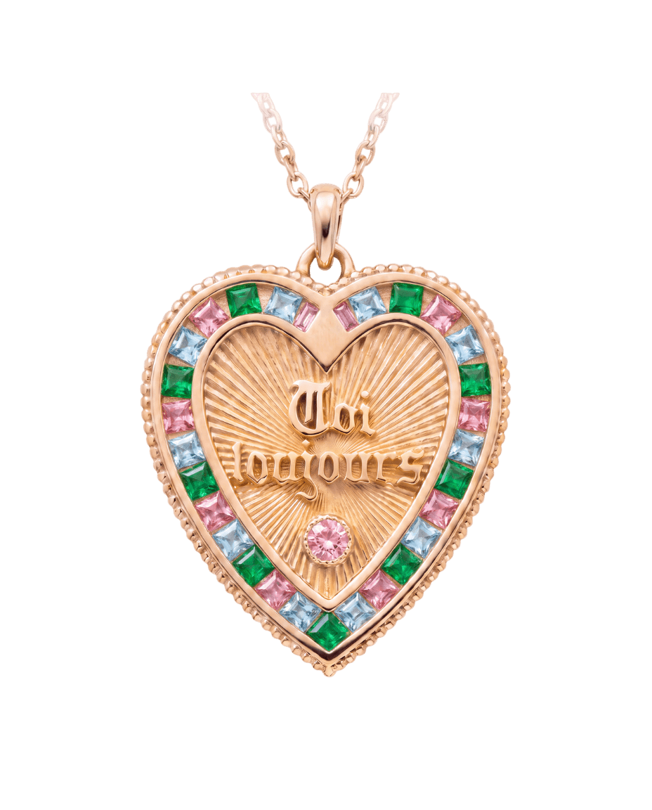 Harlequin multi-gemstone heart pendant in solid 18k gold with emerald, pink sapphire and blue spinel, Toi & Moi Toujours collection by LoveToken