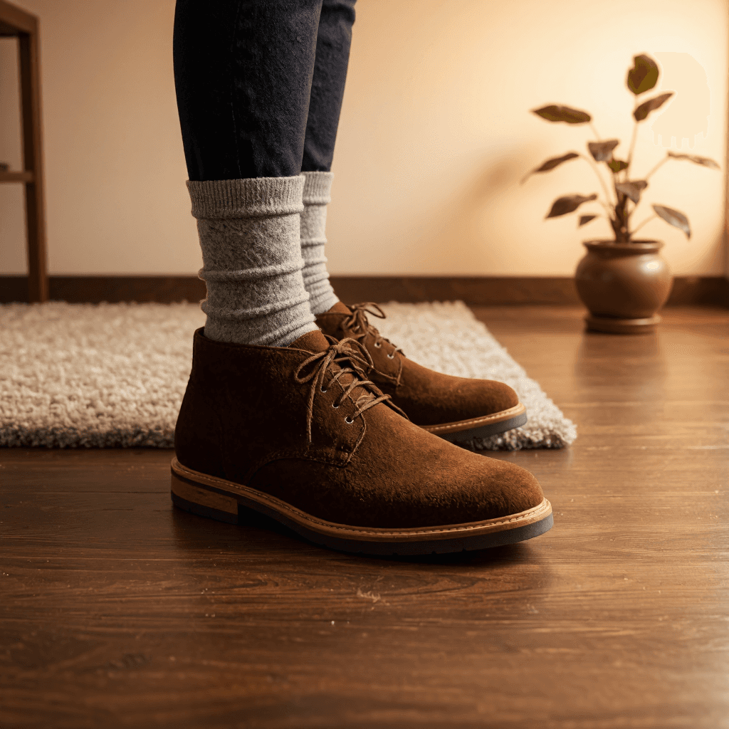 product photography of a pair of brown suede shoes worn with gray socks