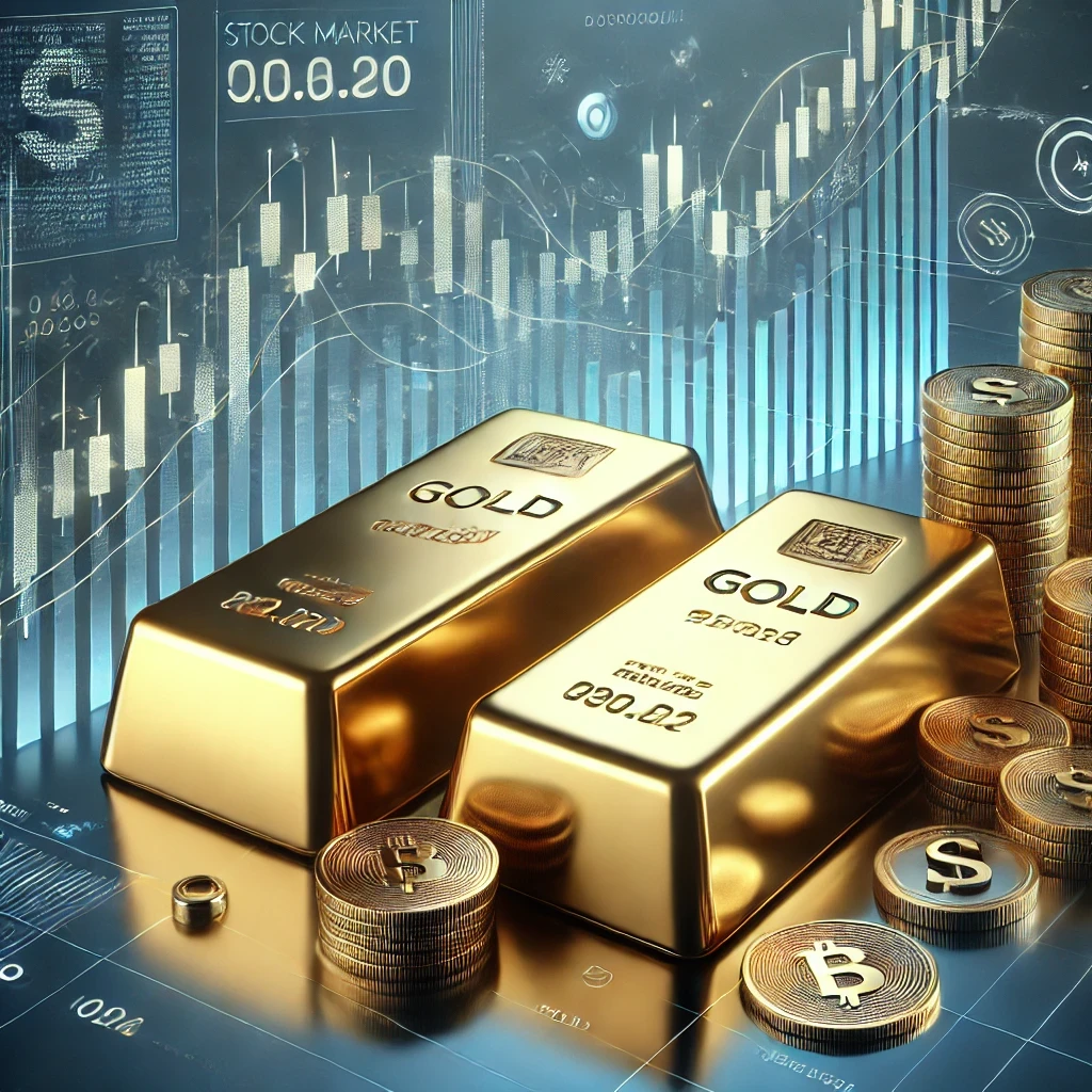 Gold bars and coins with stock market graphs, symbolizing financial uncertainty and investment trends.