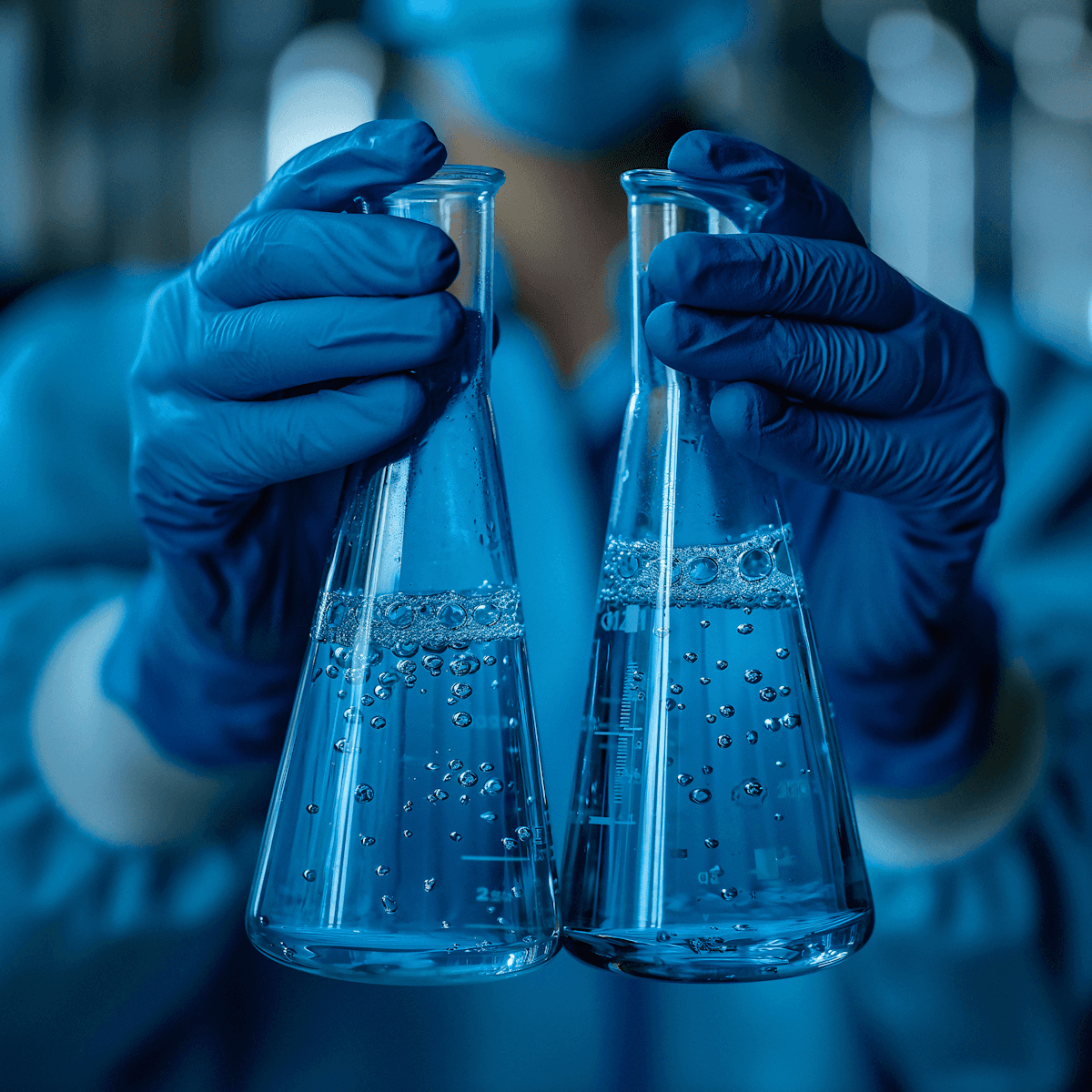 Scientist with blue gloves holding two Erlenmeyer flasks filled with liquid and bubbles, conveying a sterile and focused laboratory setting.