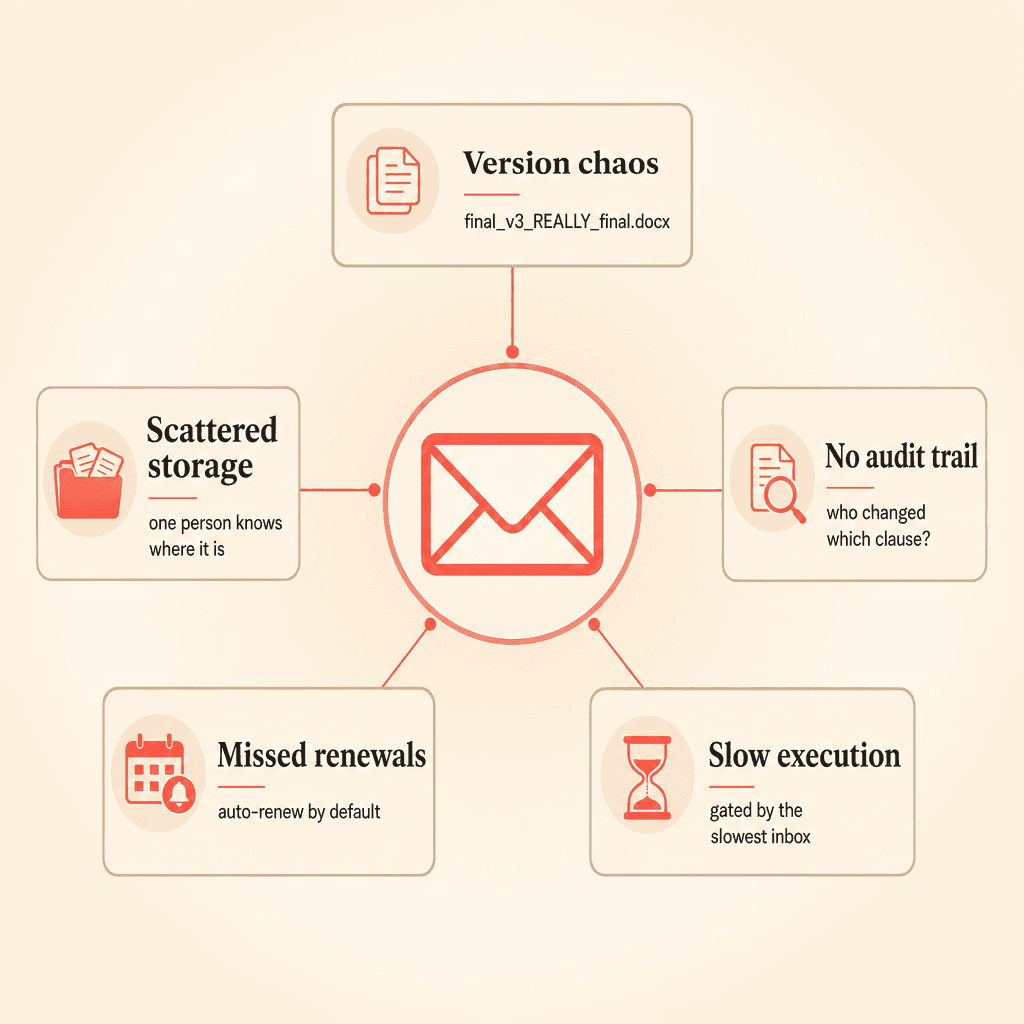 Five hidden costs of running contracts through email: version chaos, scattered storage, no audit trail, missed renewals, and slow execution