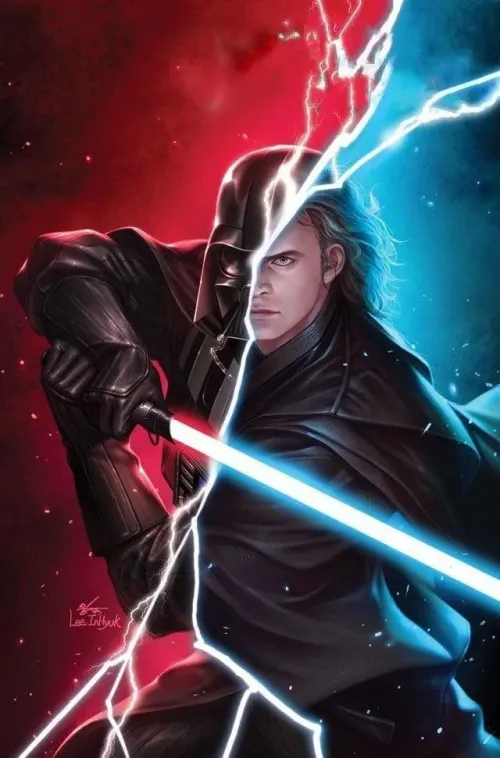 A Marvel Comics cover of the Darth Vader series featuring Darth Vader and Anakin Skywalker split in half holding a lightsaber that transitions from red to blue