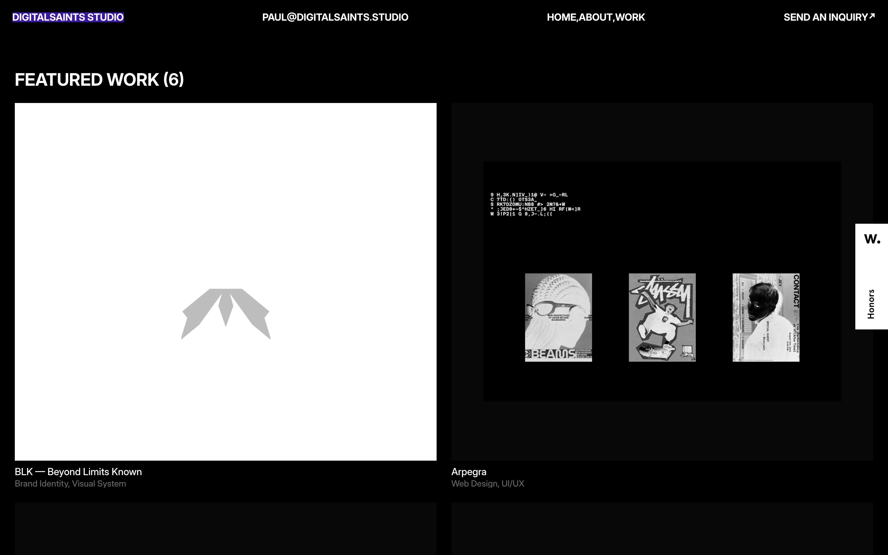 Featured section with six works; left shows a minimalist logo on white. Right displays website sections with dark theme and text.
