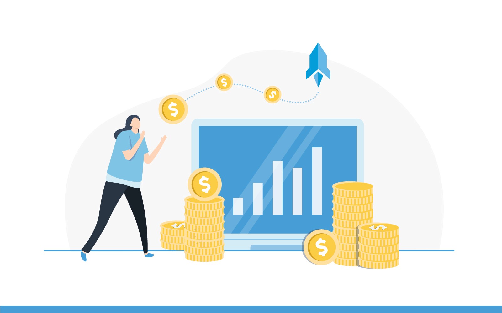 Flat design illustration of a woman standing next to a computer monitor displaying growth charts and stacks of gold coins.
