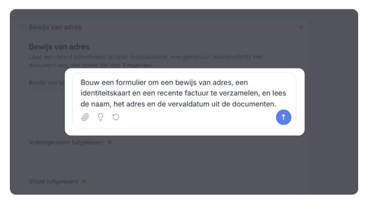 Bouw een formulier om een bewijs van adres, een identiteitskaart en een recente factuur te verzamelen, en lees de naam, het adres en de vervaldatum uit de documenten.