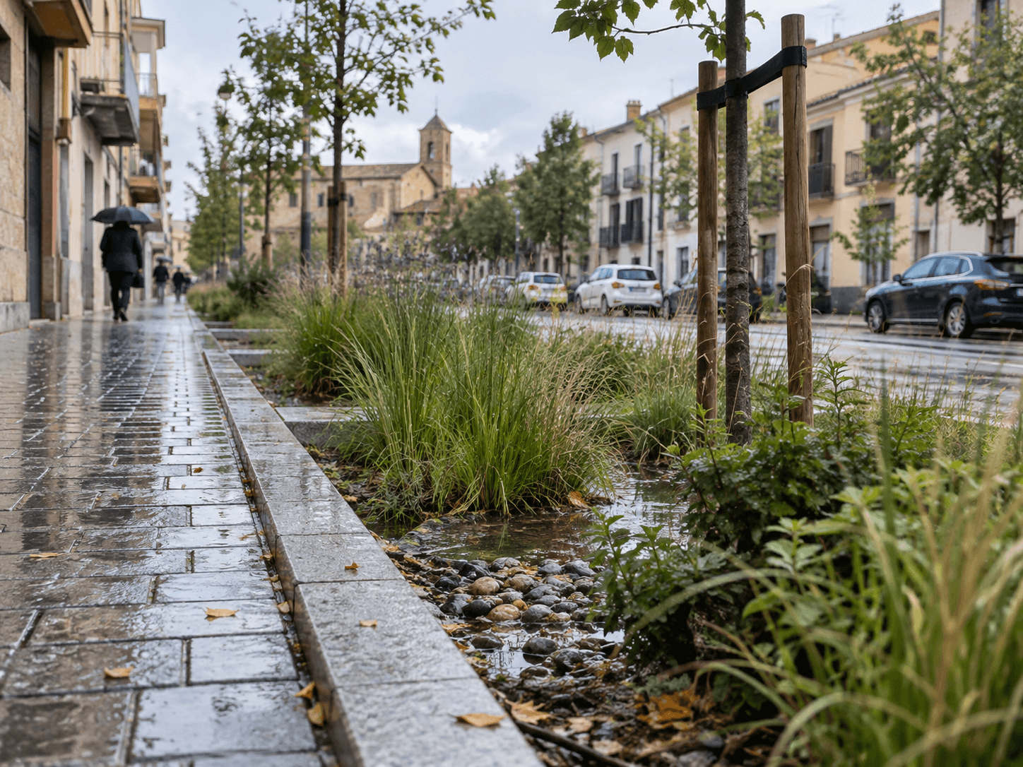 Jardín de lluvia y arbolado urbano junto a una calle española rediseñada para mejorar la resiliencia.