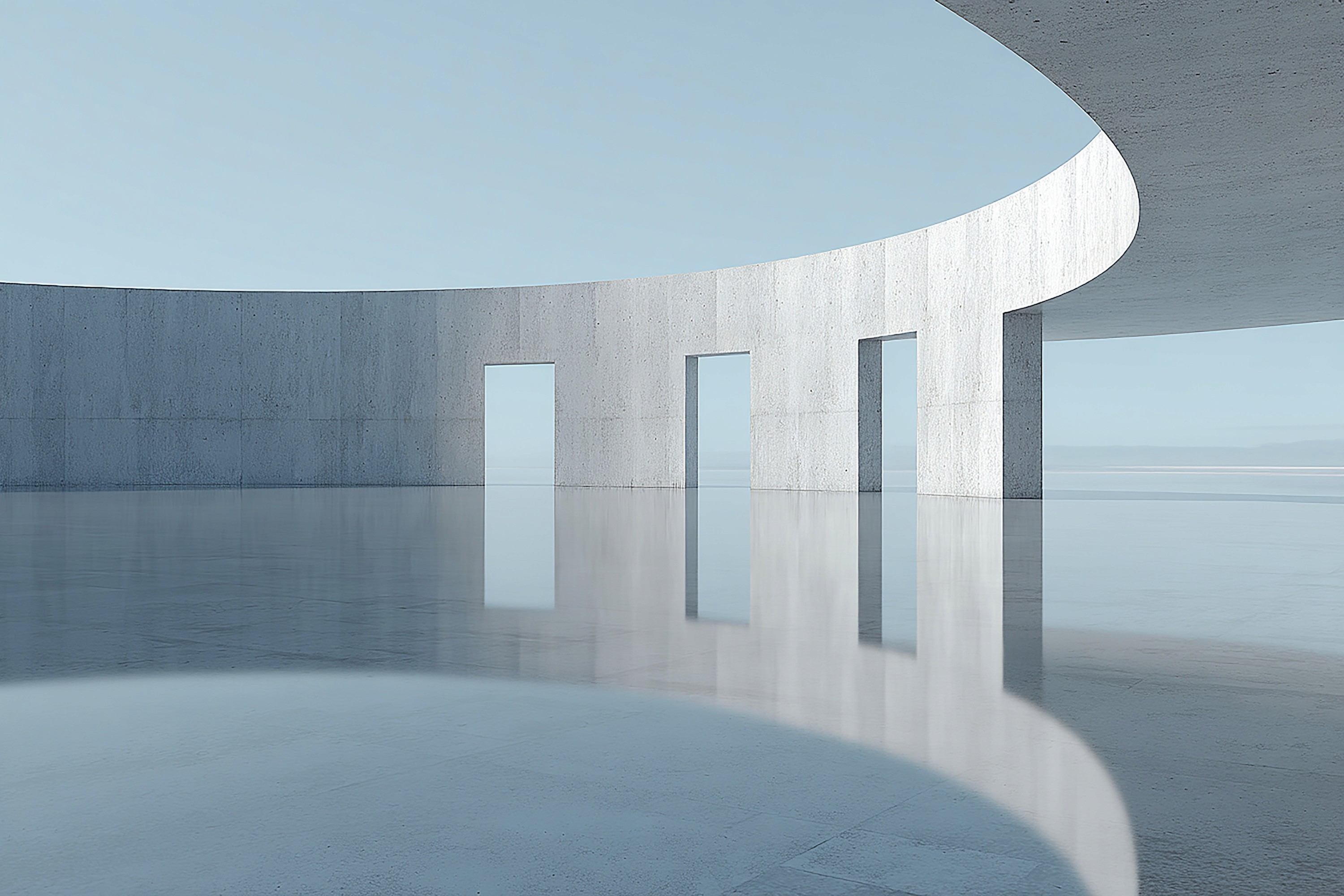 Modern architectural space with tall white concrete walls and open rectangular doorways, reflecting on a glossy floor under a clear blue sky.