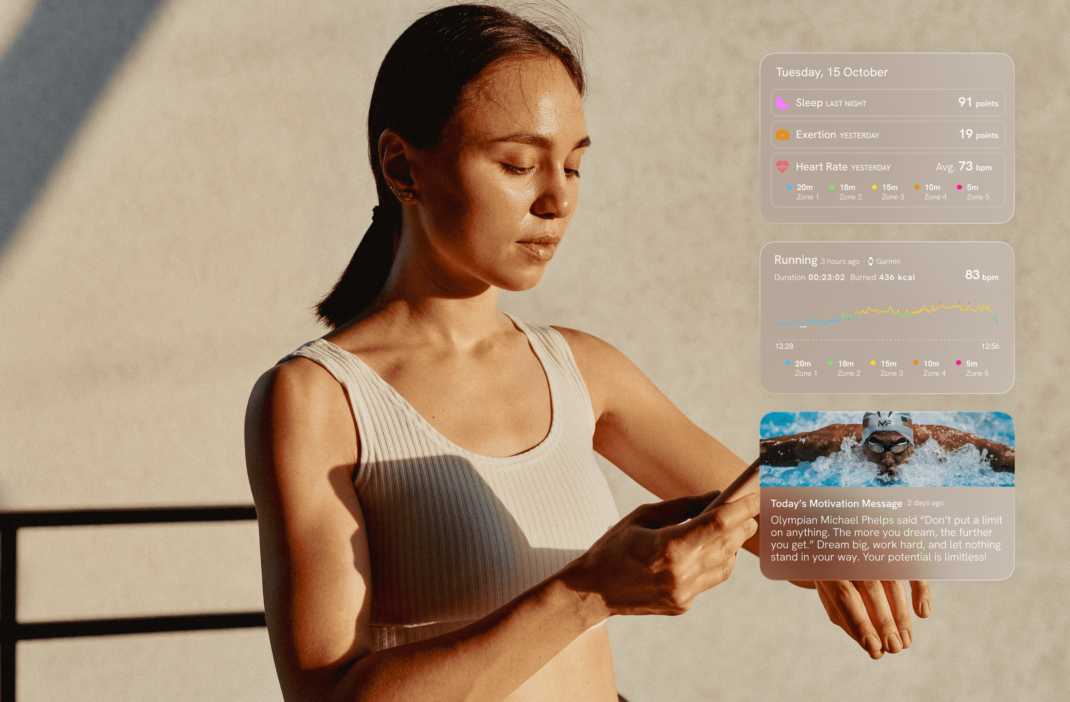 A woman using sports wear checking her smartphone and smartwatch