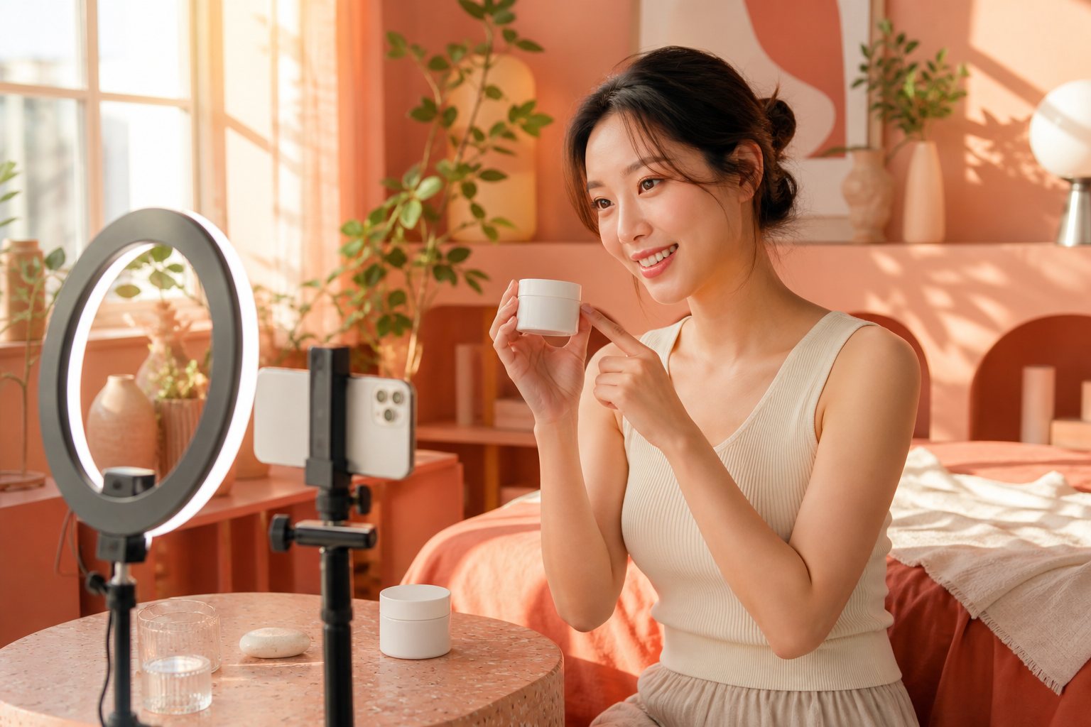 A woman filming a skincare product on a phone rig under a ring light in a peach-toned room