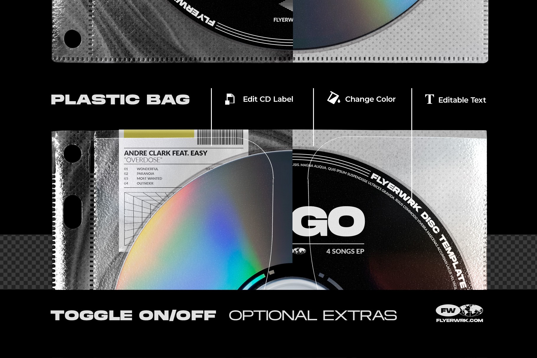 CD plastic bag mockup editing options including label design color and text