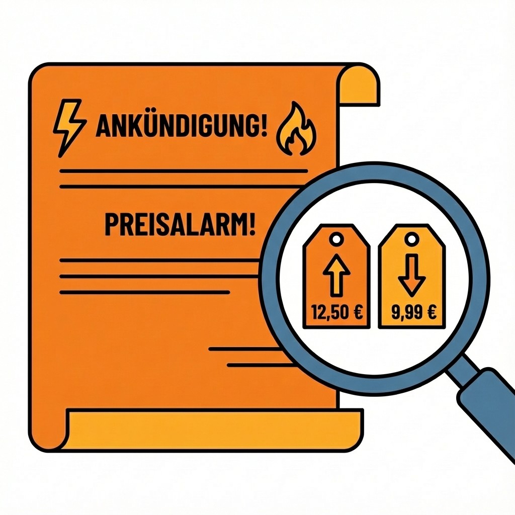 Grafik "Ankündigung Preisalarm": Eine Lupe zeigt zwei Preisschilder im Vergleich. Links 12,50 € (Pfeil hoch), rechts 9,99 € (Pfeil runter).