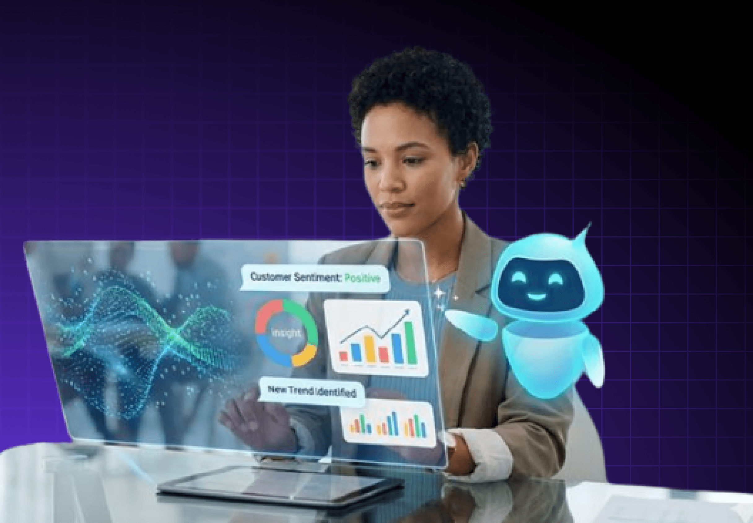 Cover image for a blog on AI in market research, showing a researcher reviewing a laptop with AI-generated insights, sentiment analysis, charts, and an AI agent assistant.