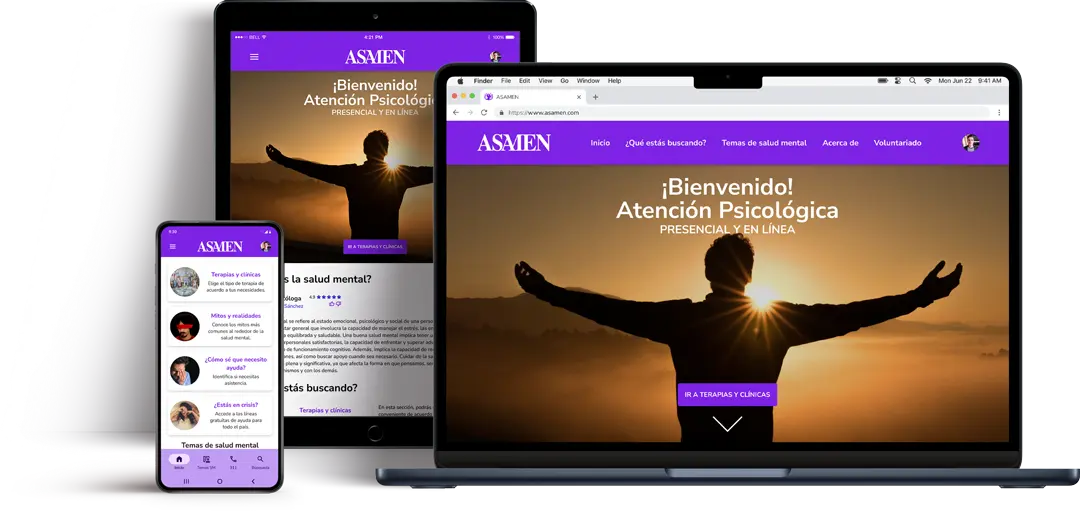 Aplicación y sitio web de salud mental ASAMEN: demostración de diseño UI responsivo y consistencia visual en dispositivos móviles y de escritorio.