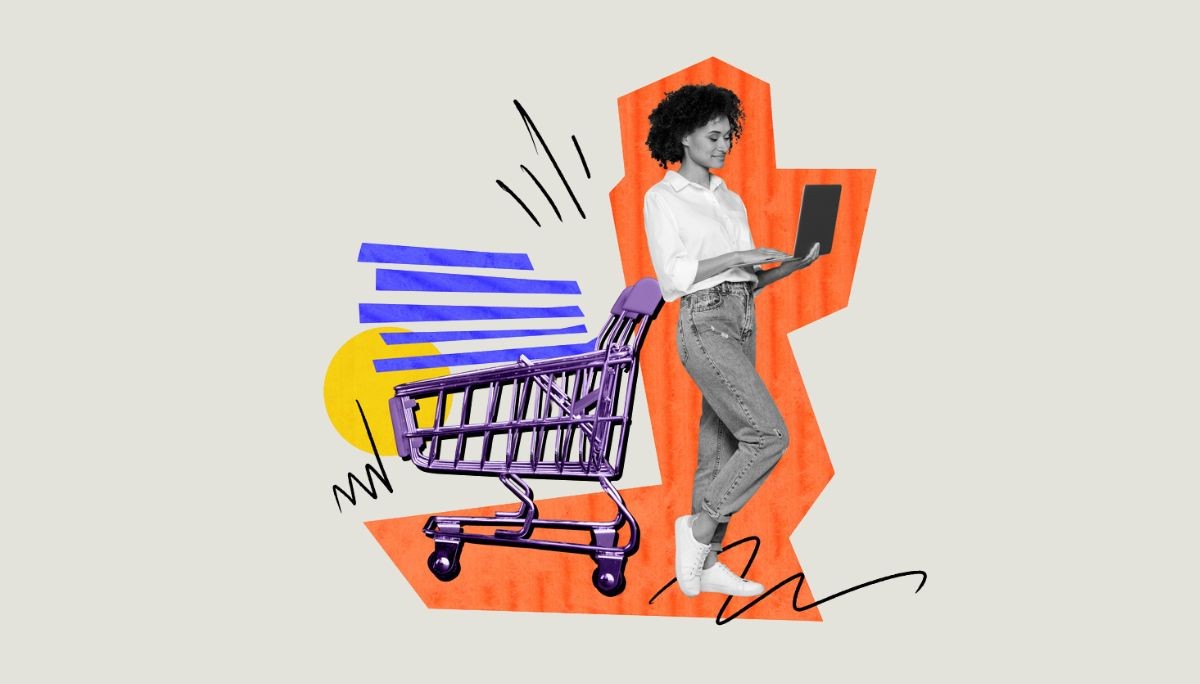 Stylized collage of worker and digital shopping cart, used to depict ecommerce platforms for startups.