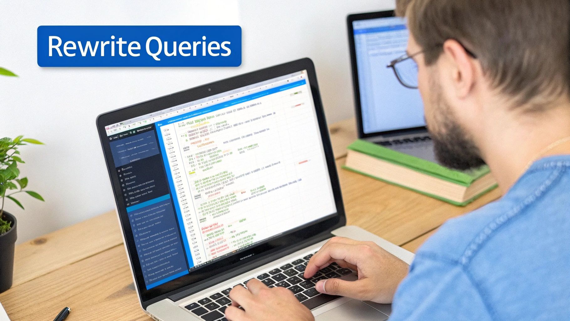 A man focused on rewriting queries on a laptop, emphasizing query optimization.