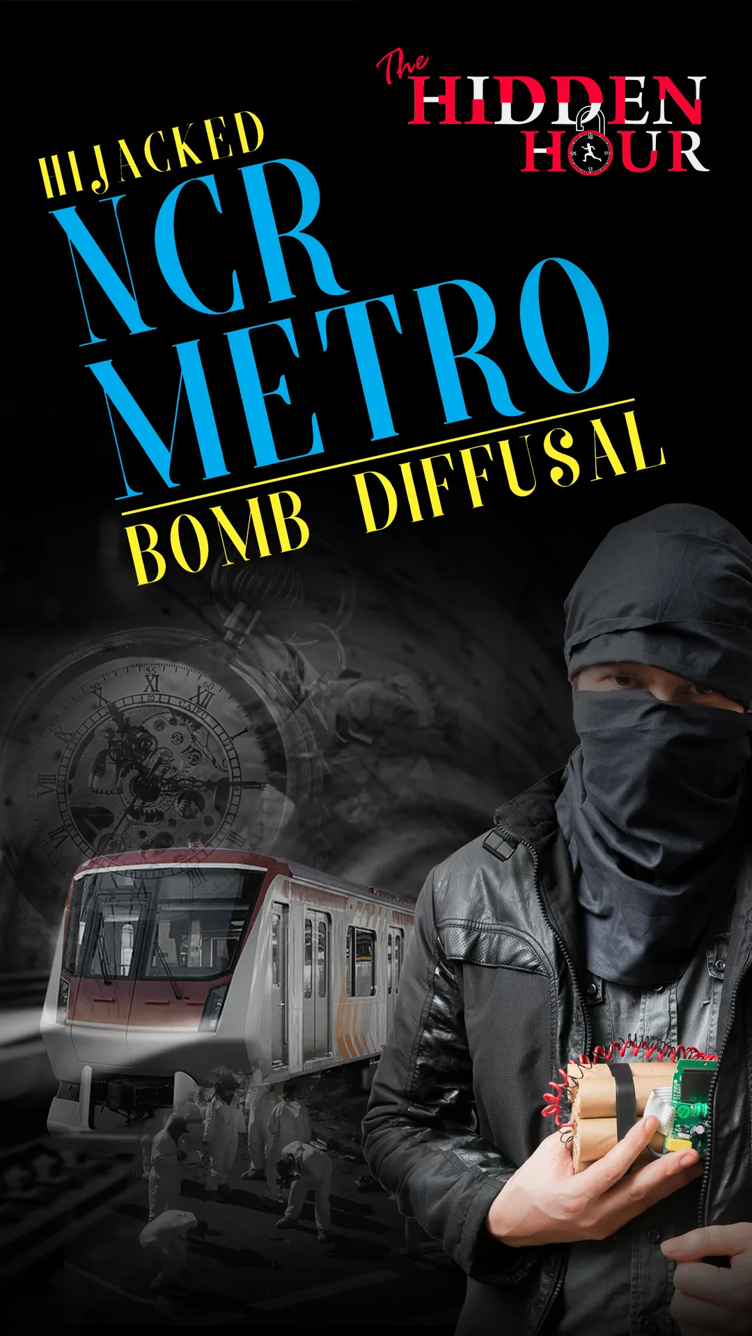 Friends and family playing in the Hijacked NCR Metro escape room at The Hidden Hour