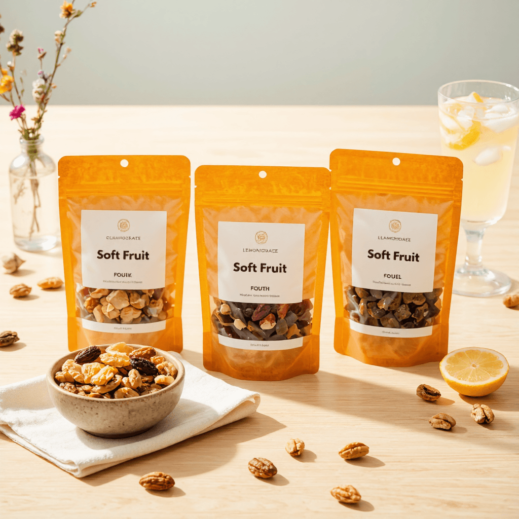 product photography of three pouches of soft dried fruit