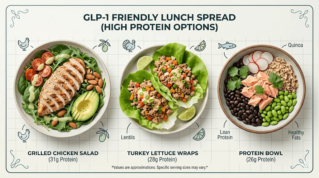 GLP-1 friendly lunch meals including chicken salad, turkey wraps, and protein bowl