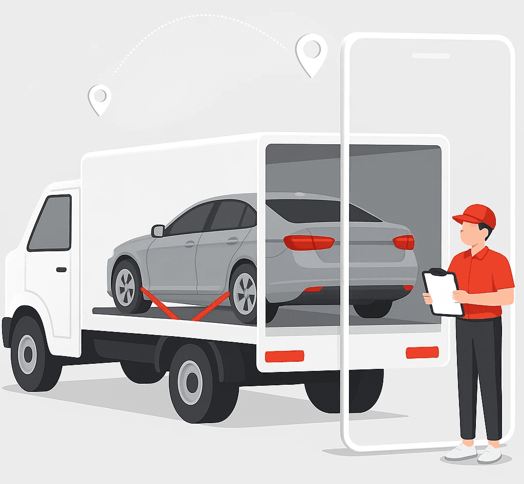 A graphic of Extra Space car shipping from Dubai: tow truck carrying a gray sedan with digital tracking.