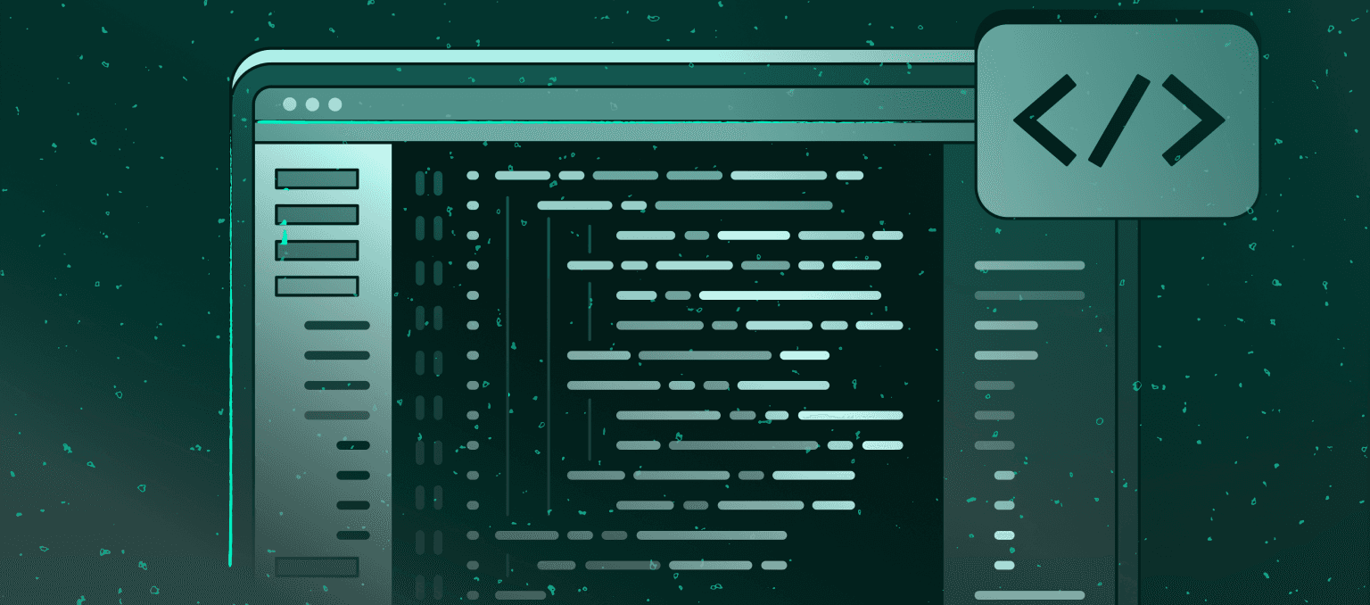 Illustration of an email development interface with structured code blocks and layout panels, representing scalable email building using MJML