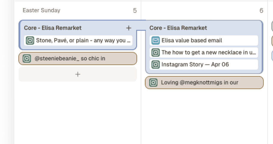 Marklo calendar with campaigns auto-grouped across email, SMS, and paid channels into a single campaign view