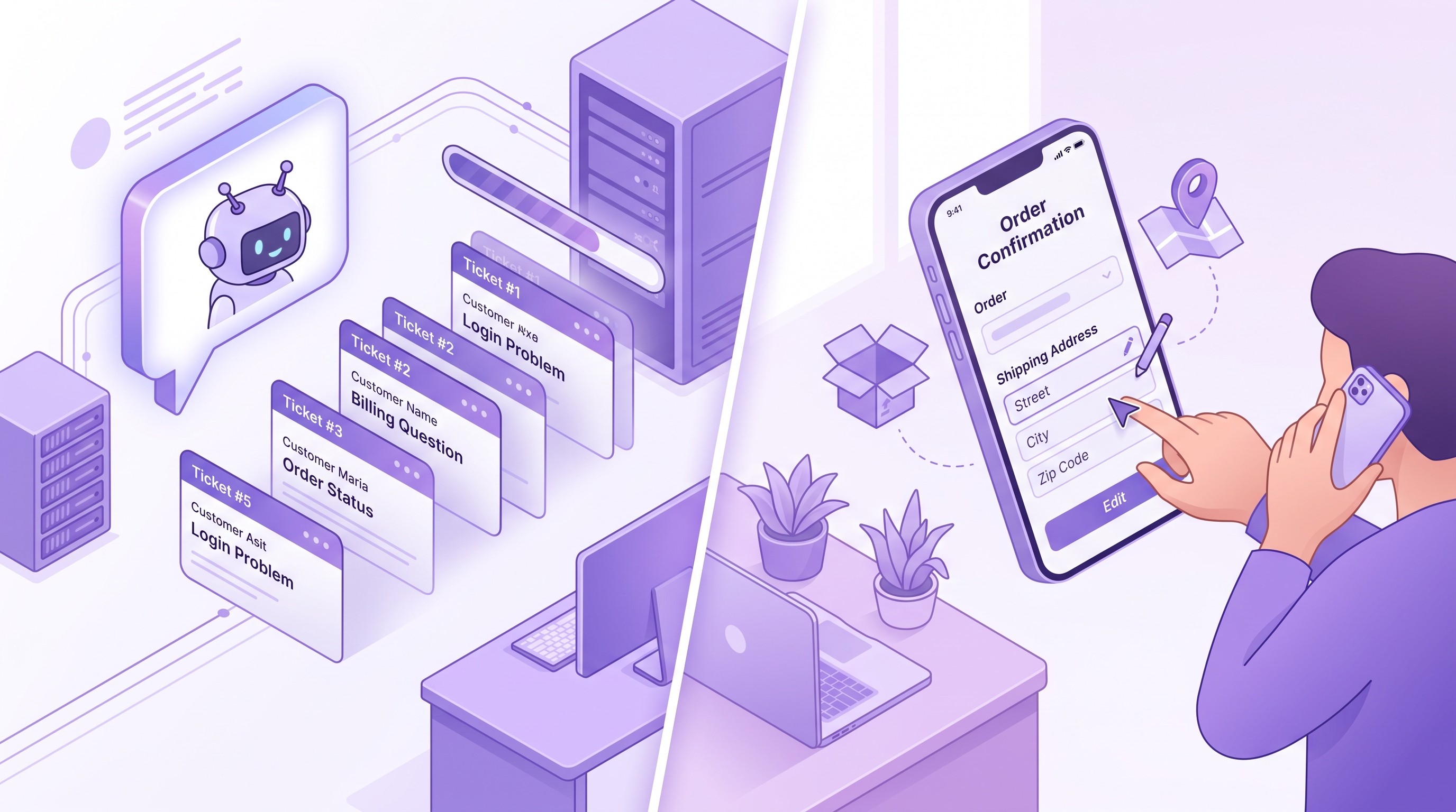 split scene AI support agent versus customer self-serve order edit